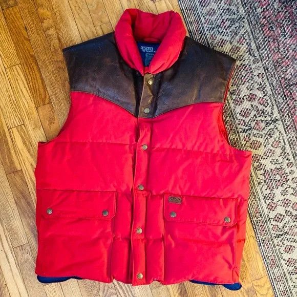 Polo Ralph Lauren RARE RED Leather Yoke Down Puffer Vest-Medium