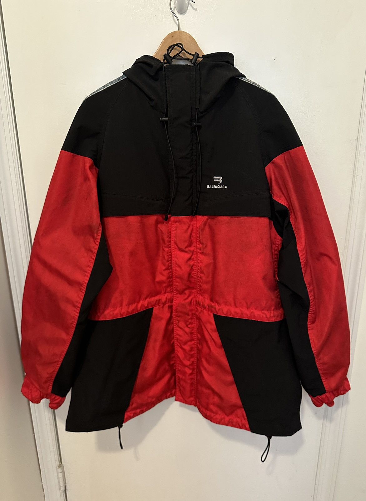 image of Balenciaga Ss 21 Hybrid Denim Parka in Red/Blue, Men's (Size XS)