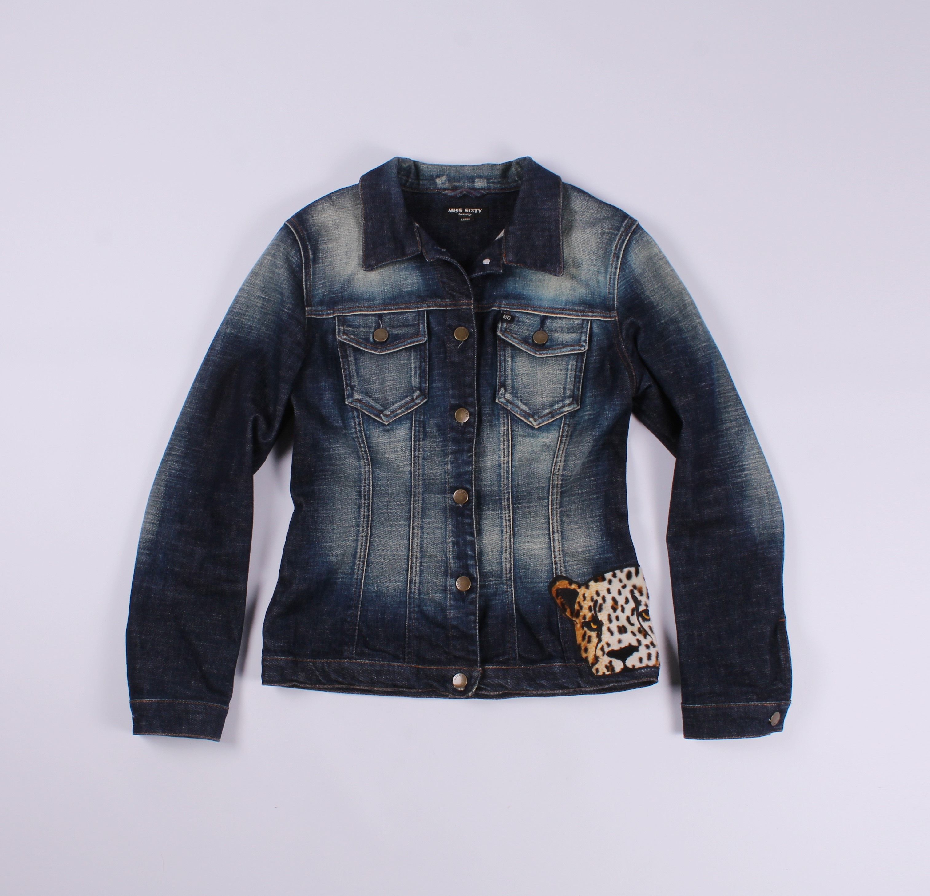 image of Vintage Miss Sixty Luxury Leopard Denim Jacket in Blue, Women's (Size Large)