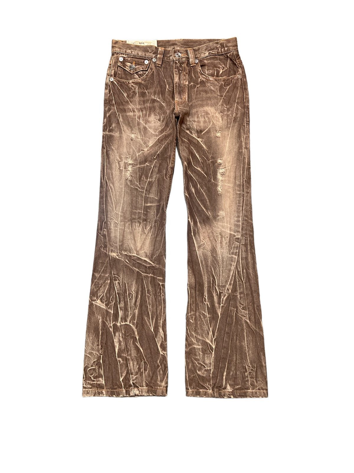 image of Avant Garde Flaredthrashed Antful Twist Distressed Denim Pant in Brown, Men's (Size 29)