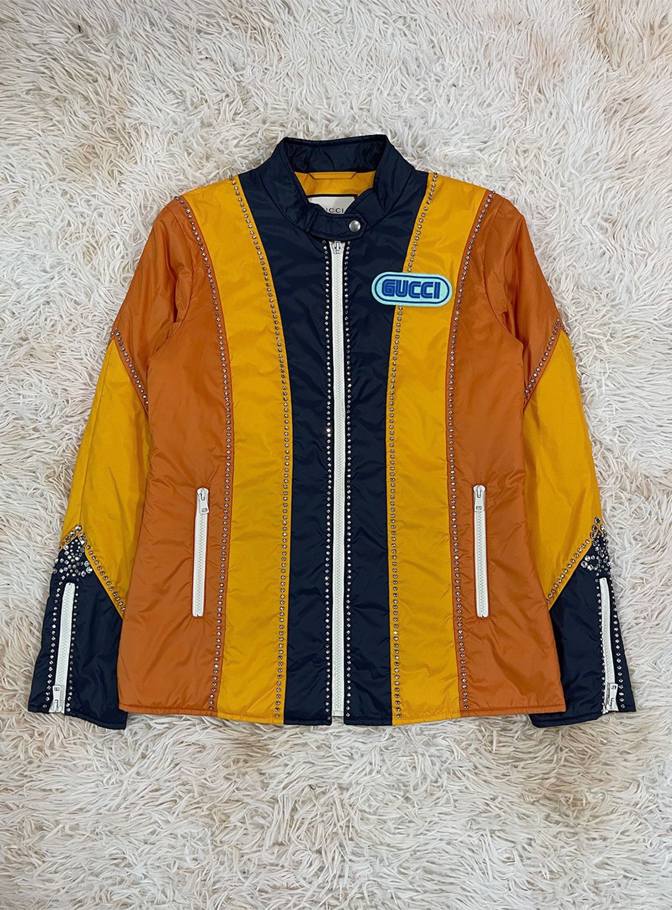 image of Gucci Crystal Embellised "spiritismo" Riders Jacket in Yellow/Orange, Men's (Size Small)