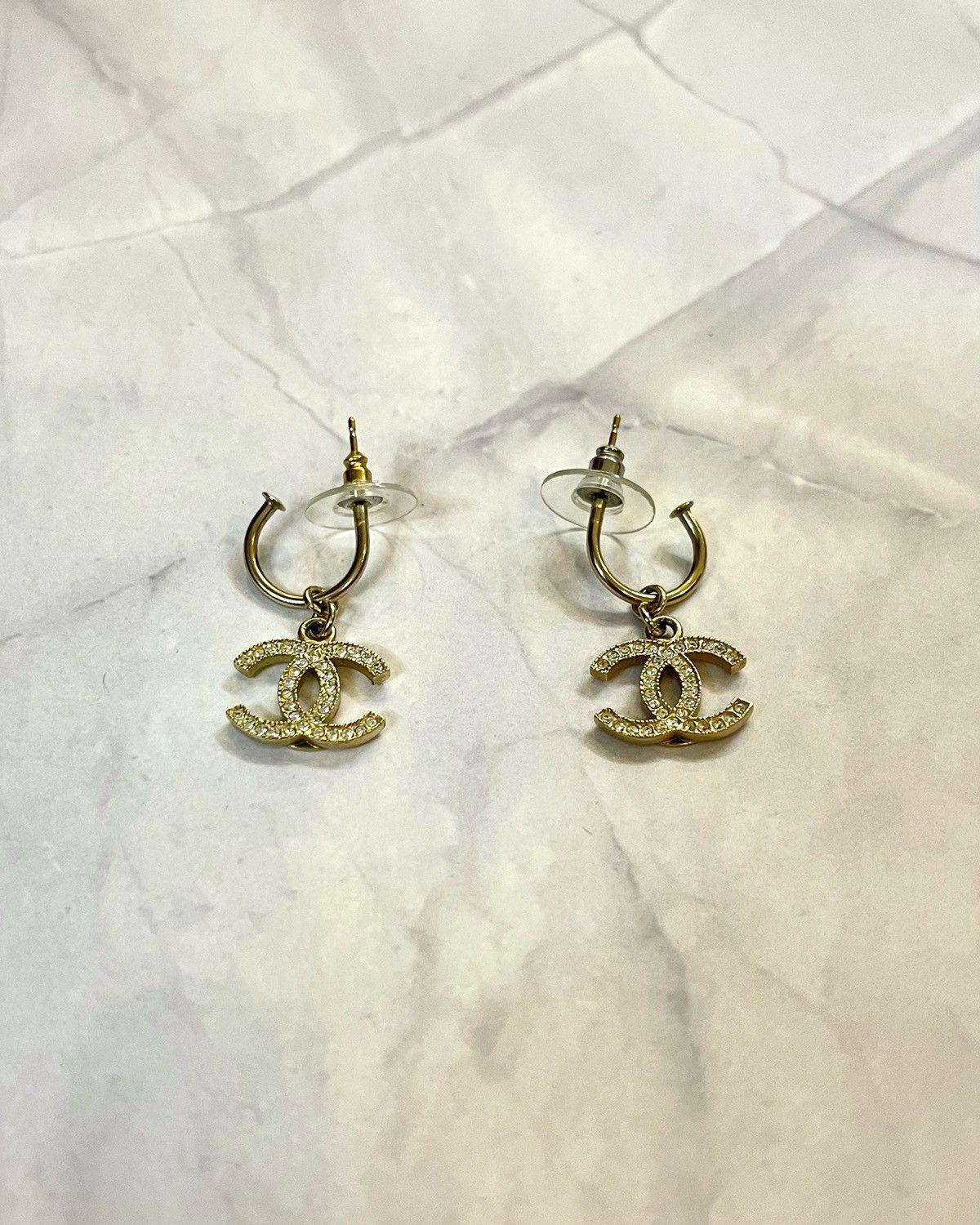 image of Vintage Chanel 1990's Cc Drop Earrings With Rhinestones in Gold, Women's