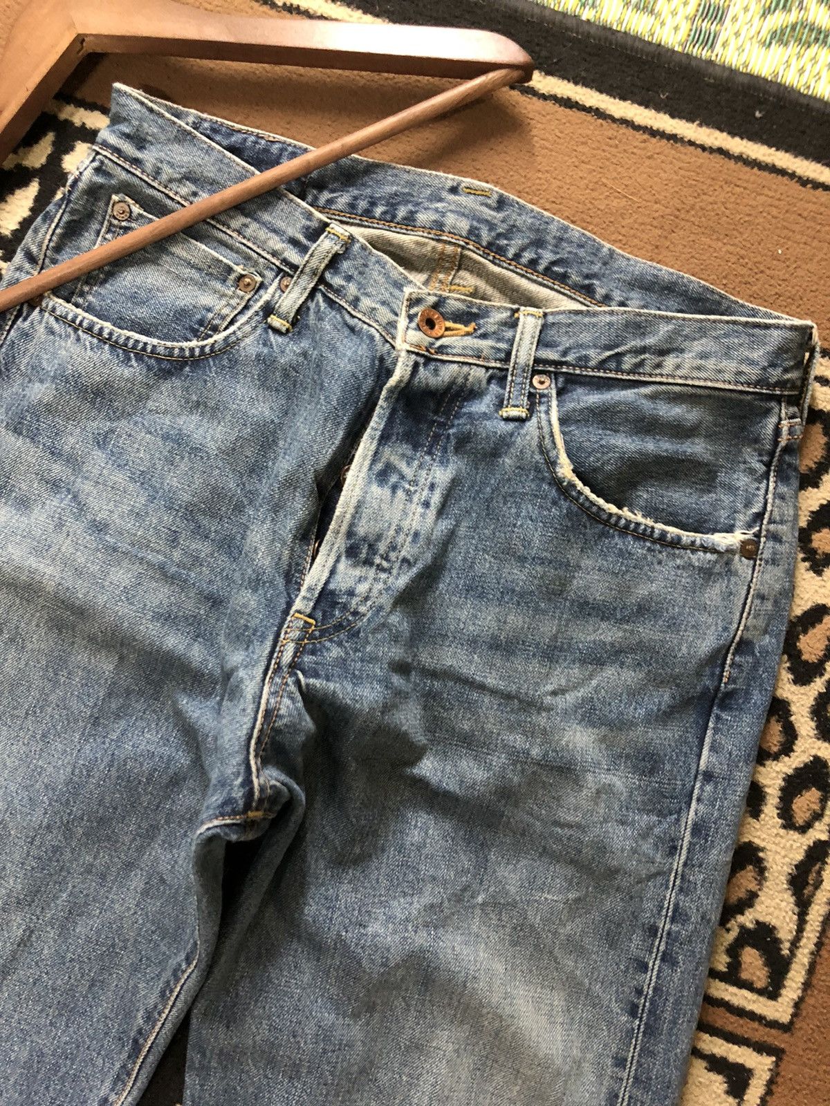 Edwin × Vintage VINTAGE SELVEDGE EDWIN 505x BLUE WASH DISTRESSED DENIM Size US 31 - 2 Thumbnail