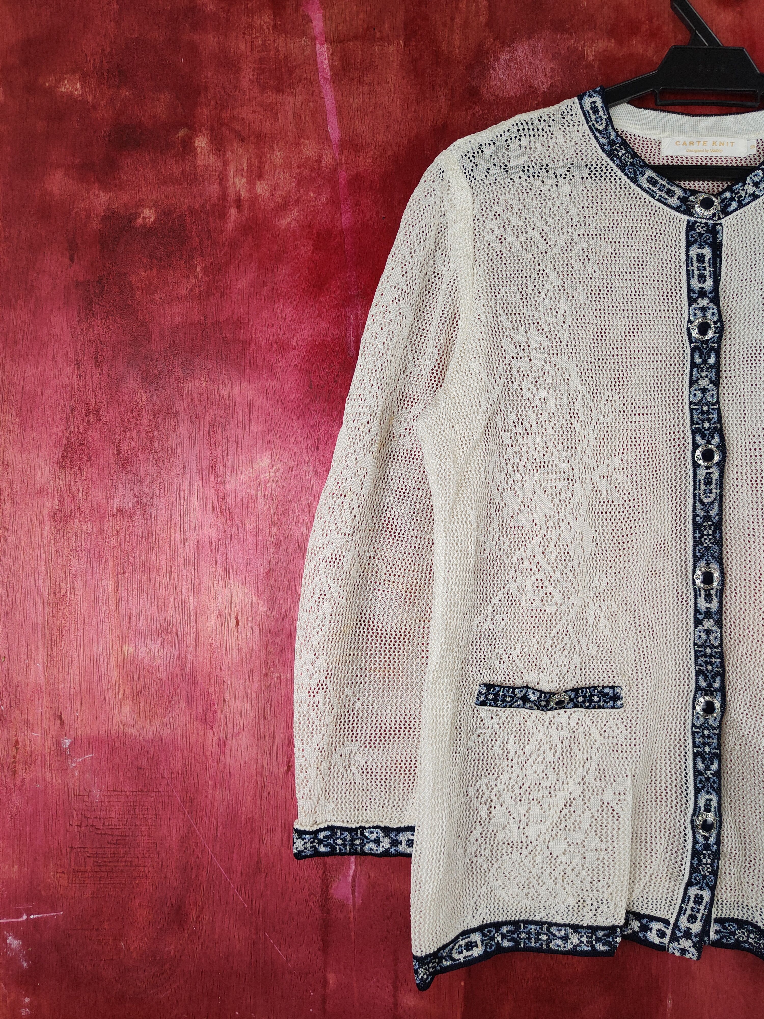 Japanese Brand Carte Knit-Mario Cream/Blue Crochet Meshnet Cardigan #S996 Size L / US 10 / IT 46 - 3 Thumbnail