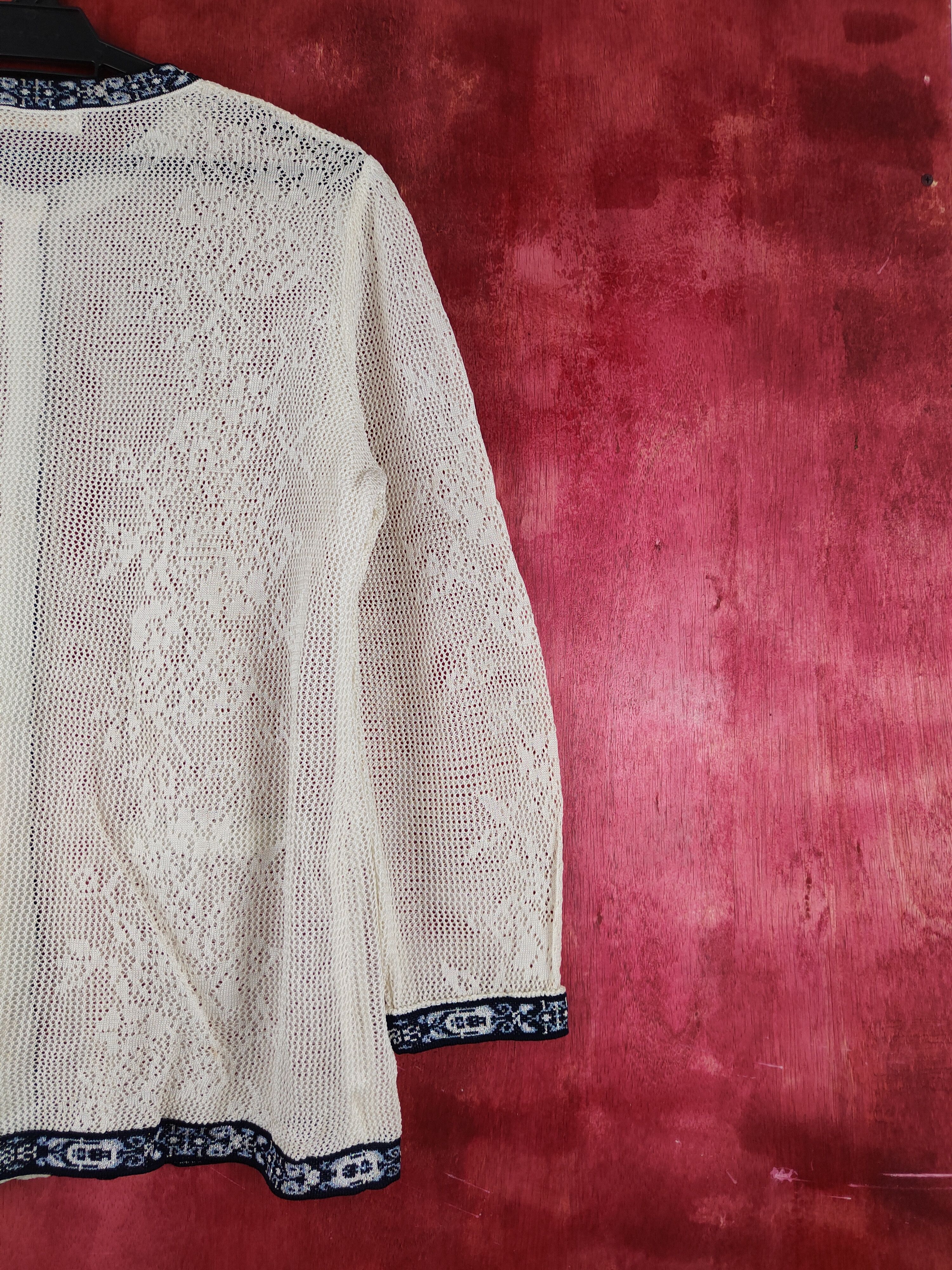 Japanese Brand Carte Knit-Mario Cream/Blue Crochet Meshnet Cardigan #S996 Size L / US 10 / IT 46 - 10 Thumbnail