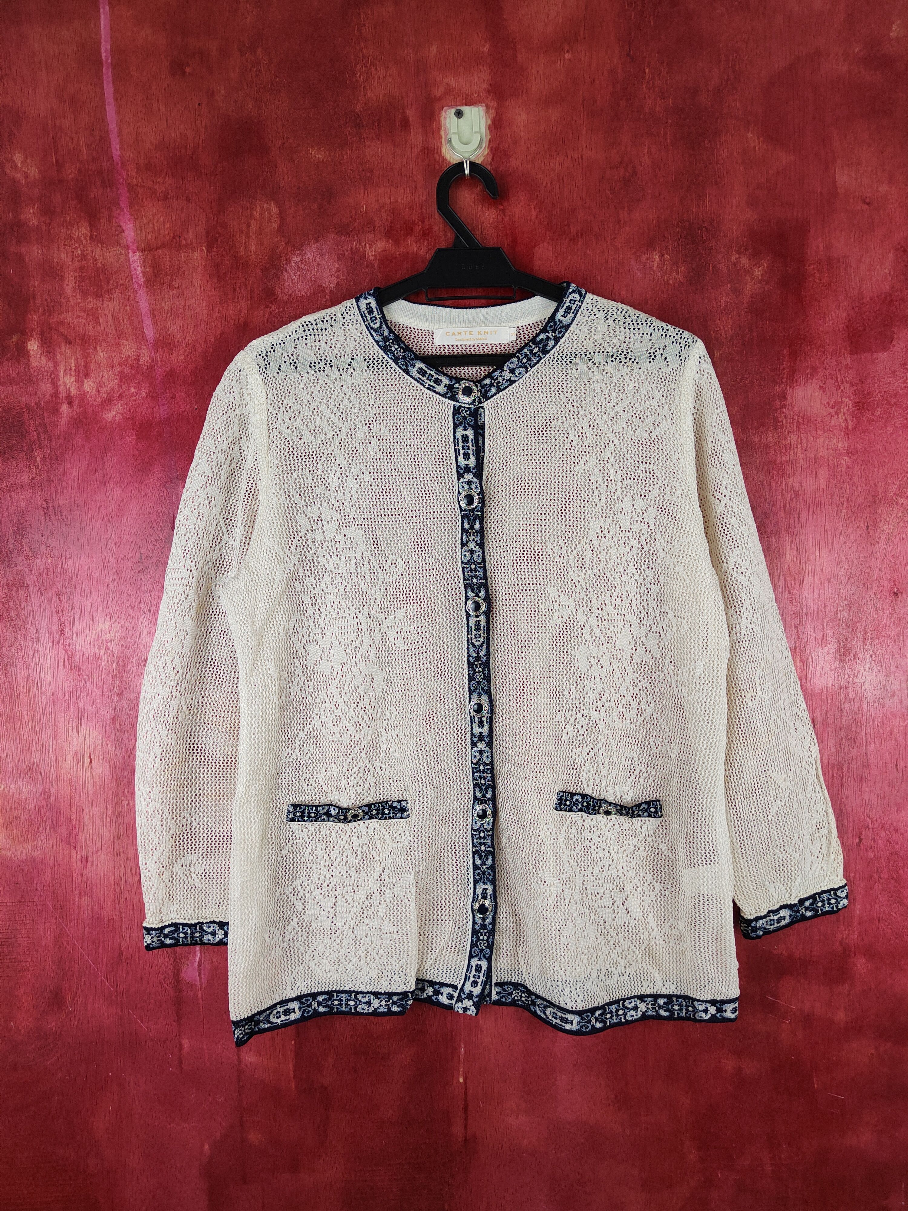 Japanese Brand Carte Knit-Mario Cream/Blue Crochet Meshnet Cardigan #S996 Size L / US 10 / IT 46 - 1 Thumbnail