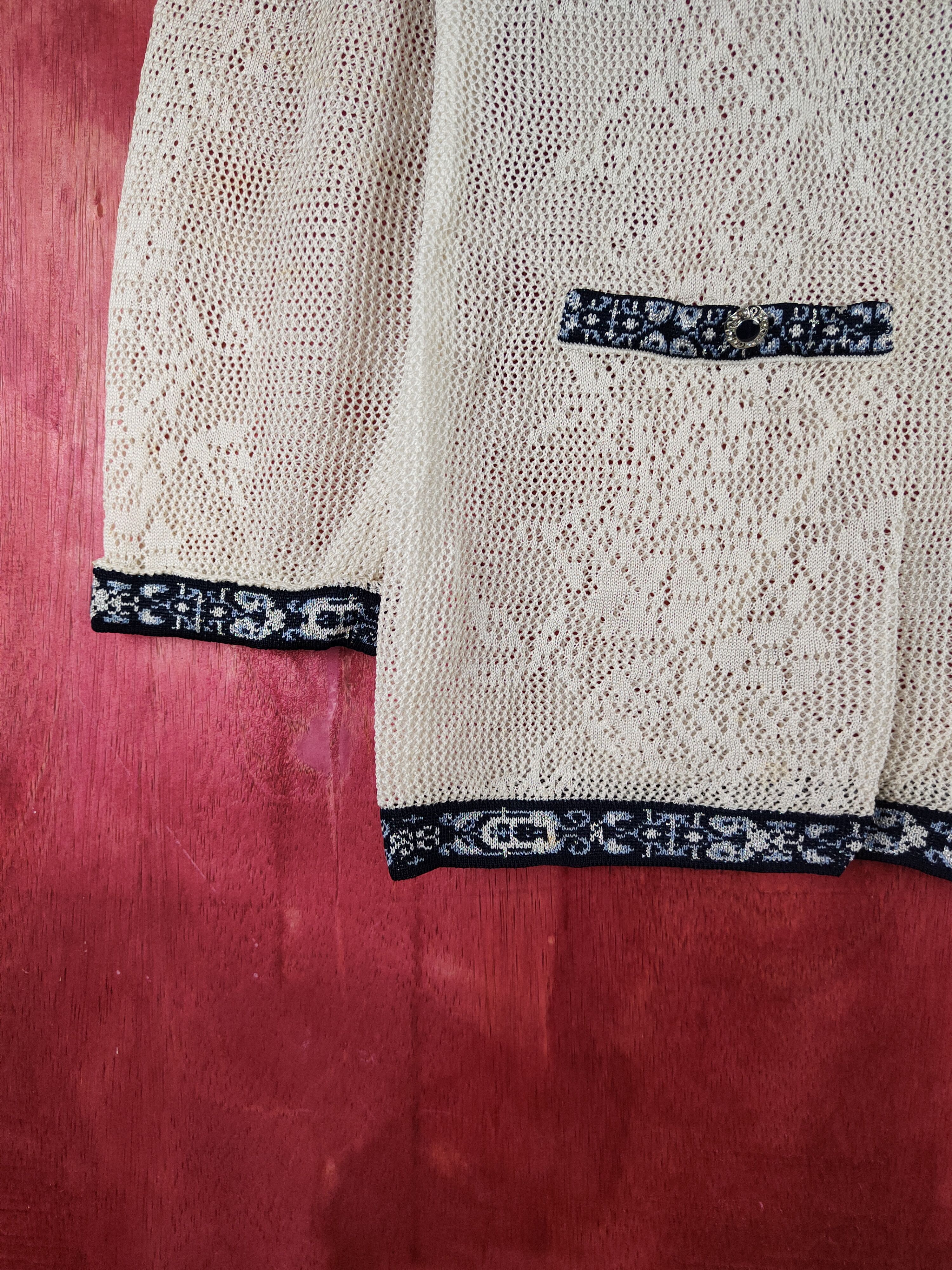 Japanese Brand Carte Knit-Mario Cream/Blue Crochet Meshnet Cardigan #S996 Size L / US 10 / IT 46 - 4 Thumbnail
