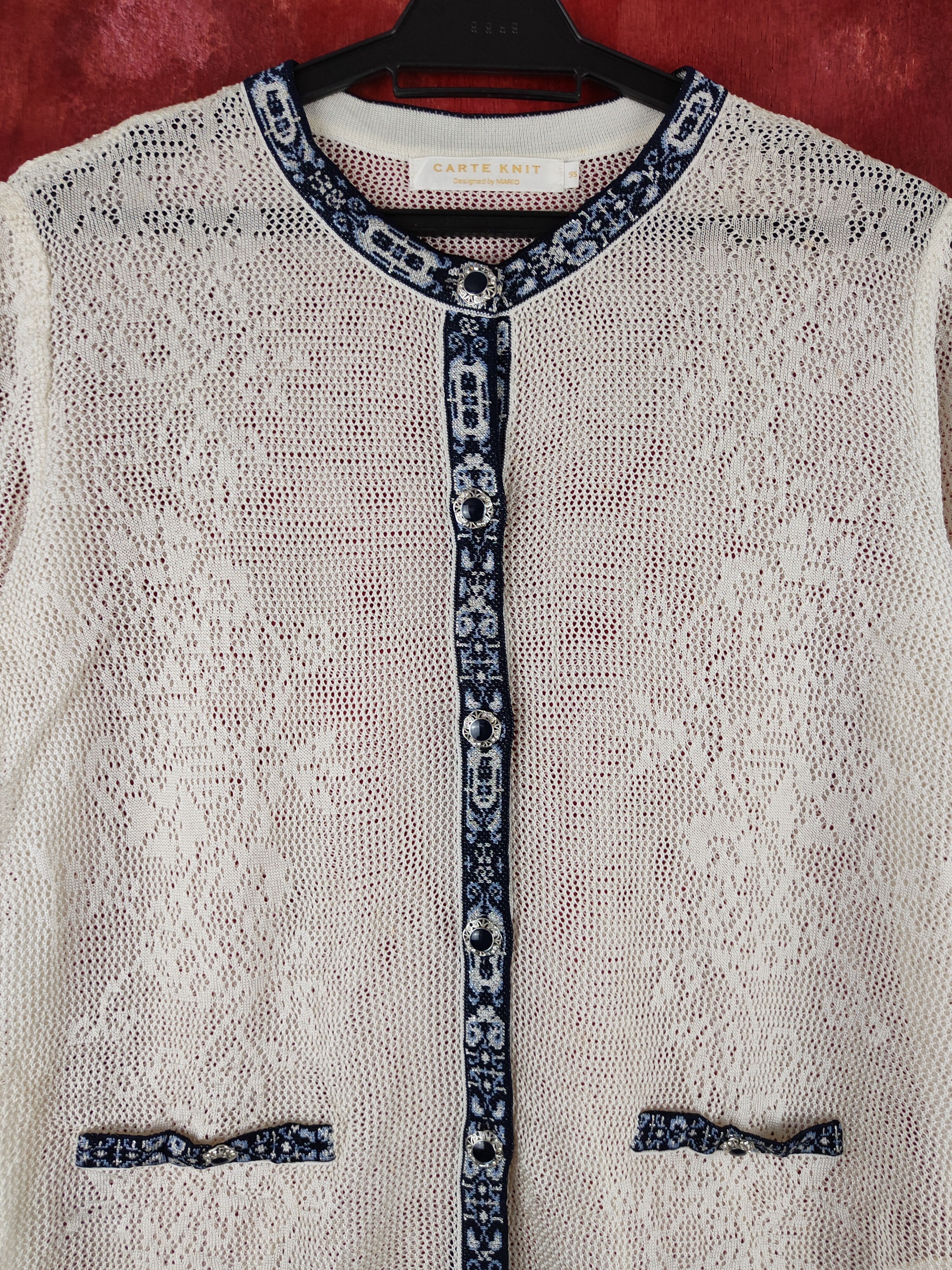 Japanese Brand Carte Knit-Mario Cream/Blue Crochet Meshnet Cardigan #S996 Size L / US 10 / IT 46 - 2 Thumbnail