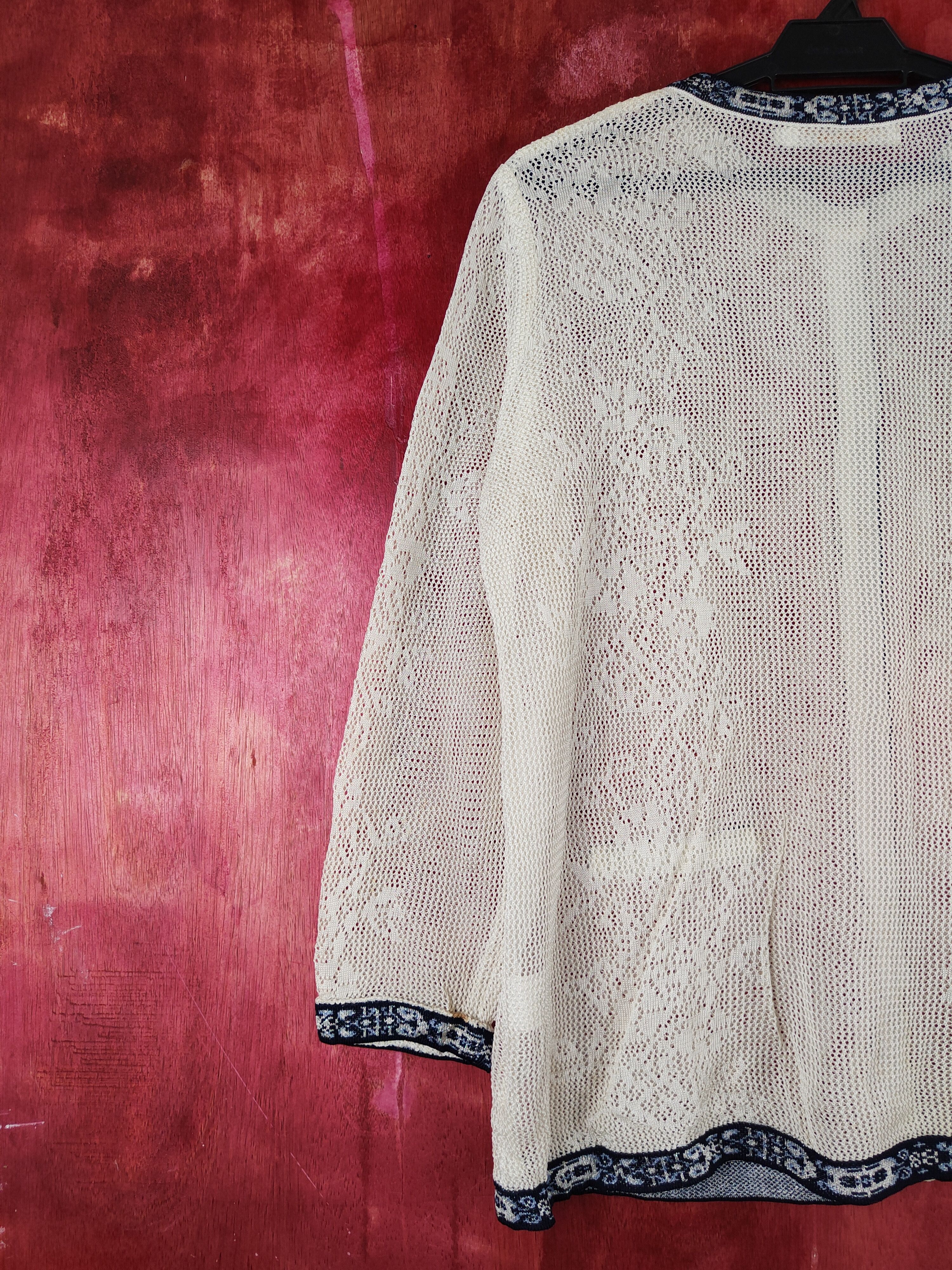 Japanese Brand Carte Knit-Mario Cream/Blue Crochet Meshnet Cardigan #S996 Size L / US 10 / IT 46 - 9 Thumbnail