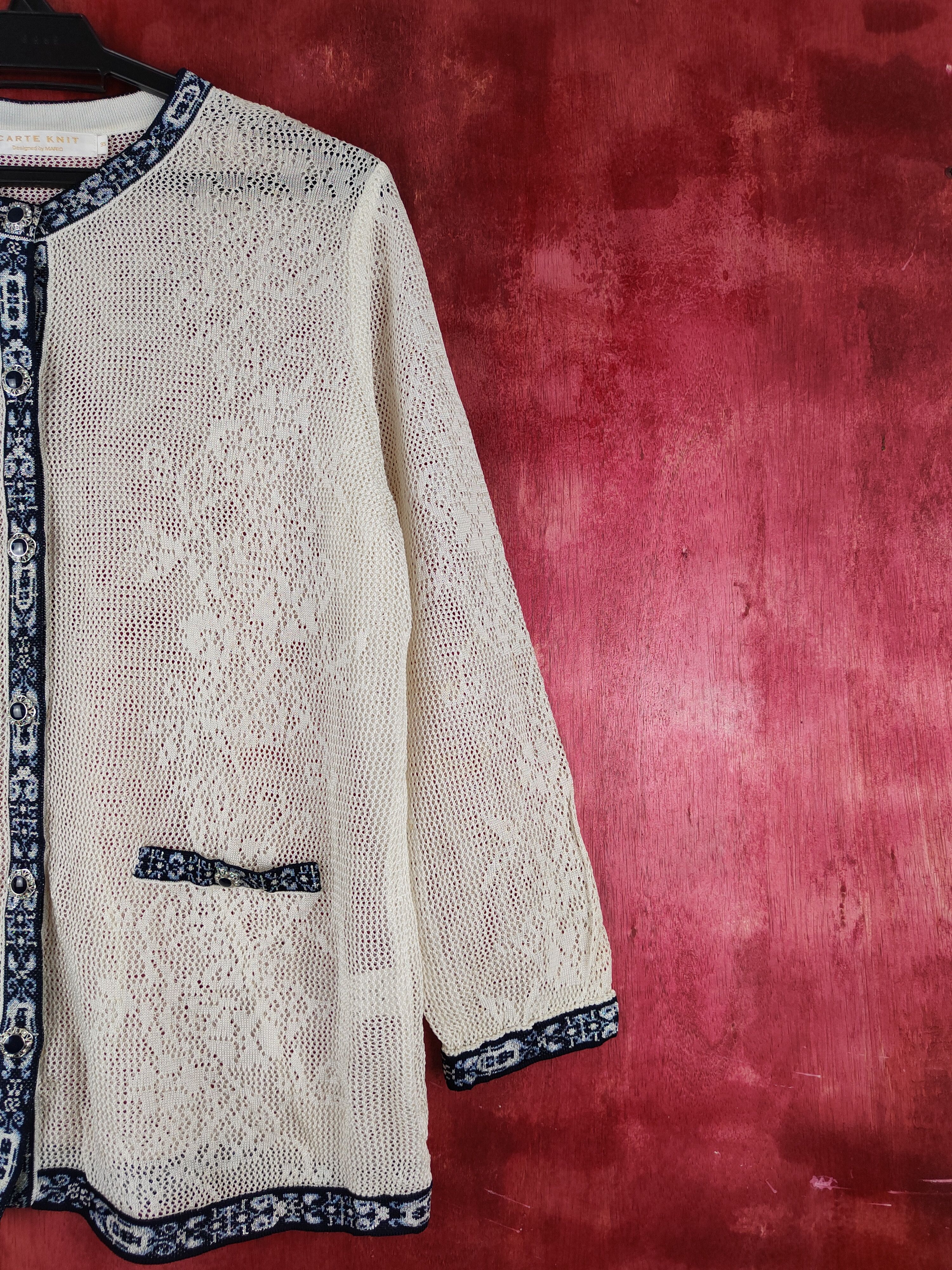 Japanese Brand Carte Knit-Mario Cream/Blue Crochet Meshnet Cardigan #S996 Size L / US 10 / IT 46 - 5 Thumbnail