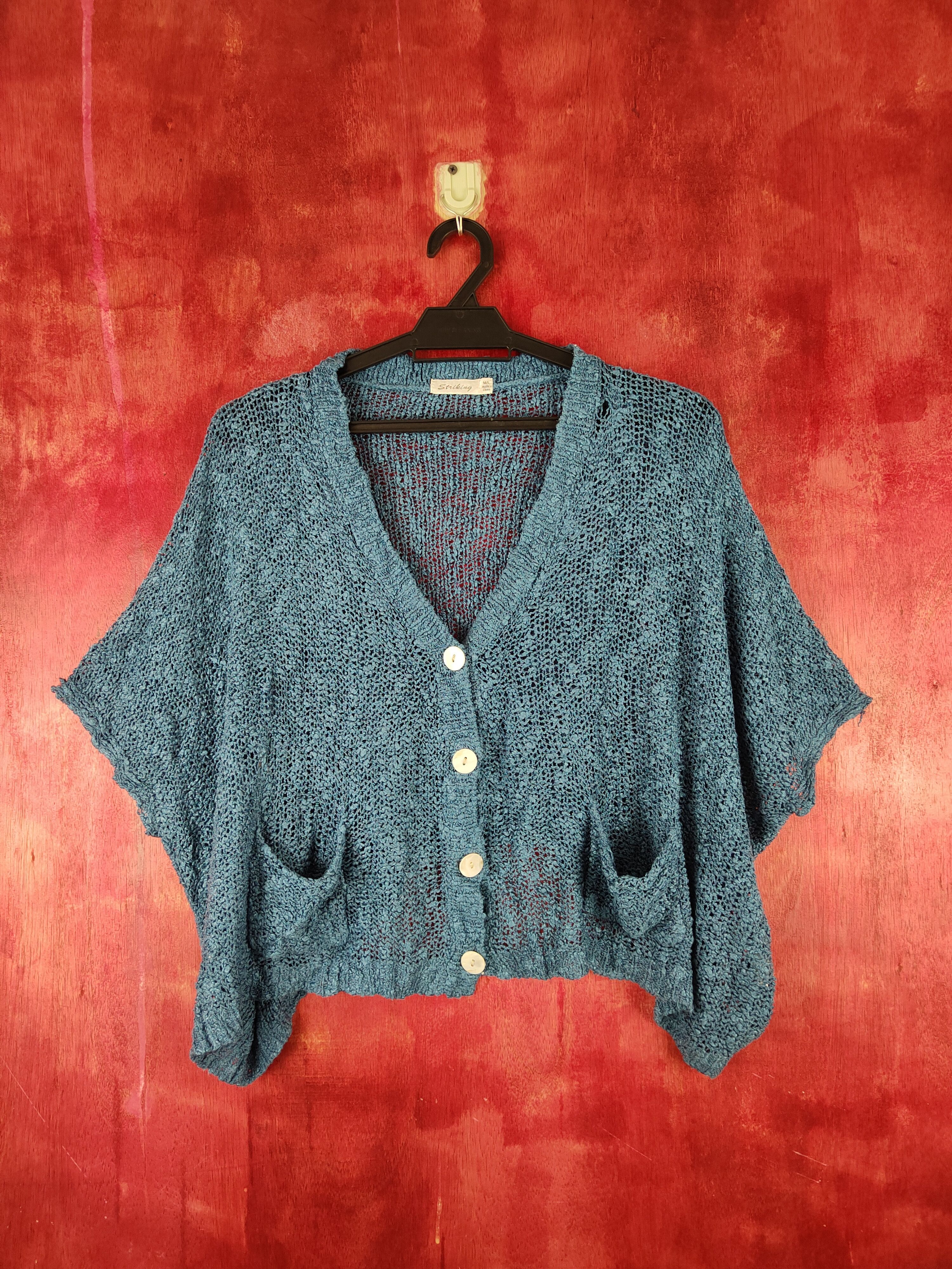 Homespun Knitwear Striking Blue Crochet Meshnet Knitwear Crop Tops #S989 Size L / US 10 / IT 46 - 1 Thumbnail