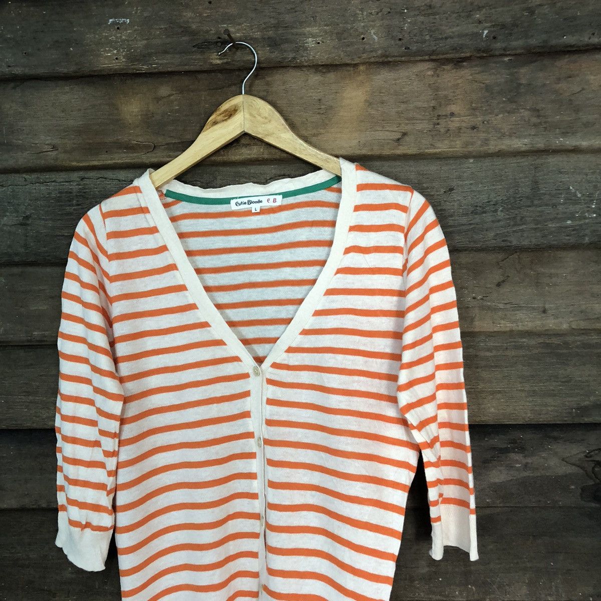 Japanese Brand × OVER THE STRiPES Cutie Blonde Stripe Orange Cardigan knitwear #7241 Size L / US 10 / IT 46 - 2 Thumbnail