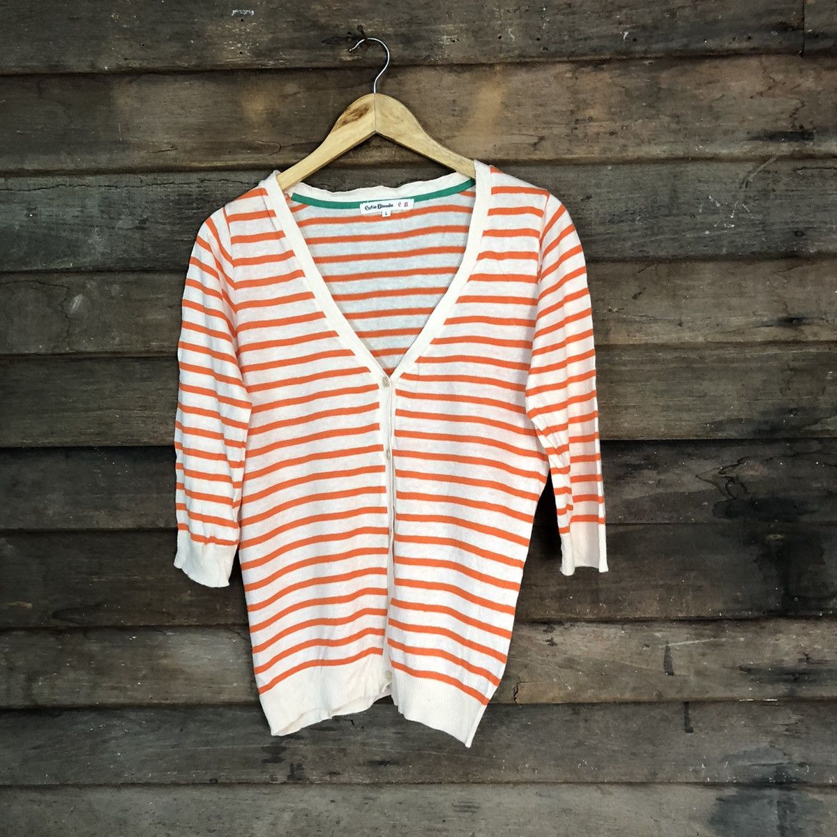 Japanese Brand × OVER THE STRiPES Cutie Blonde Stripe Orange Cardigan knitwear #7241 Size L / US 10 / IT 46 - 1 Thumbnail