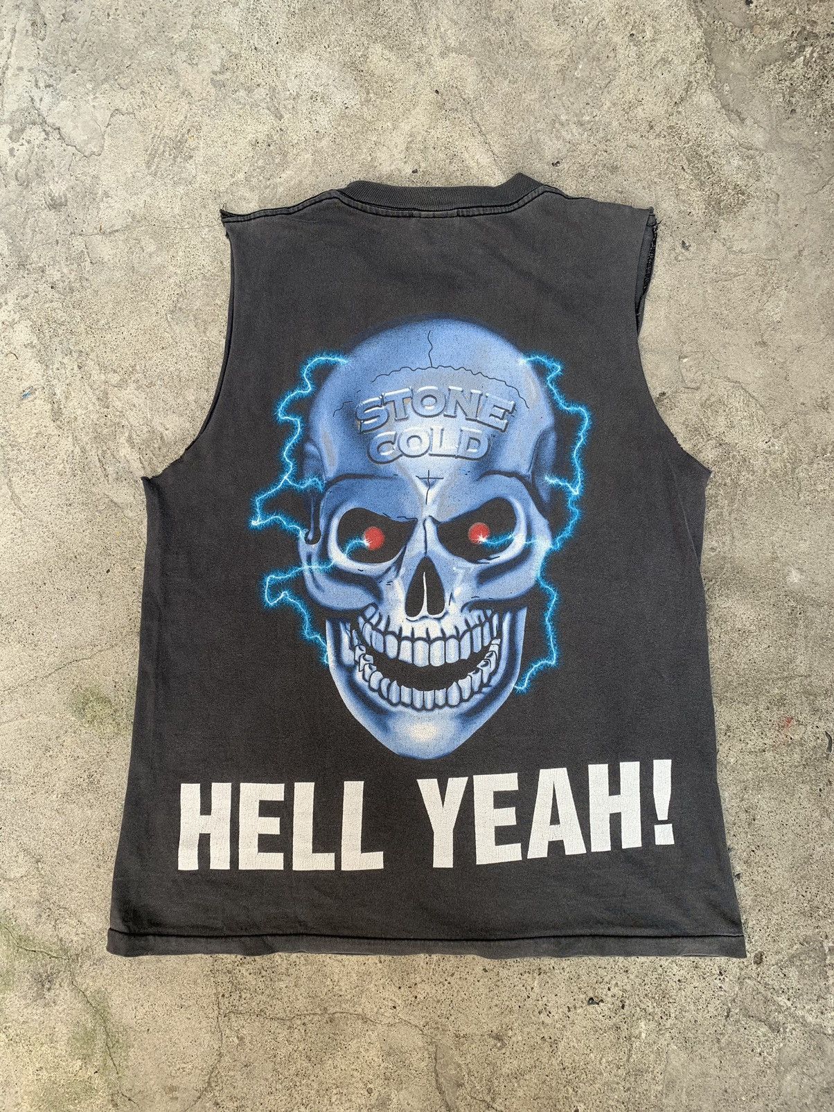 image of Vintage x Wwf 1998 Stone Cold Sun Faded Cut Off Sleeves Shirt in Black, Men's (Size Medium)