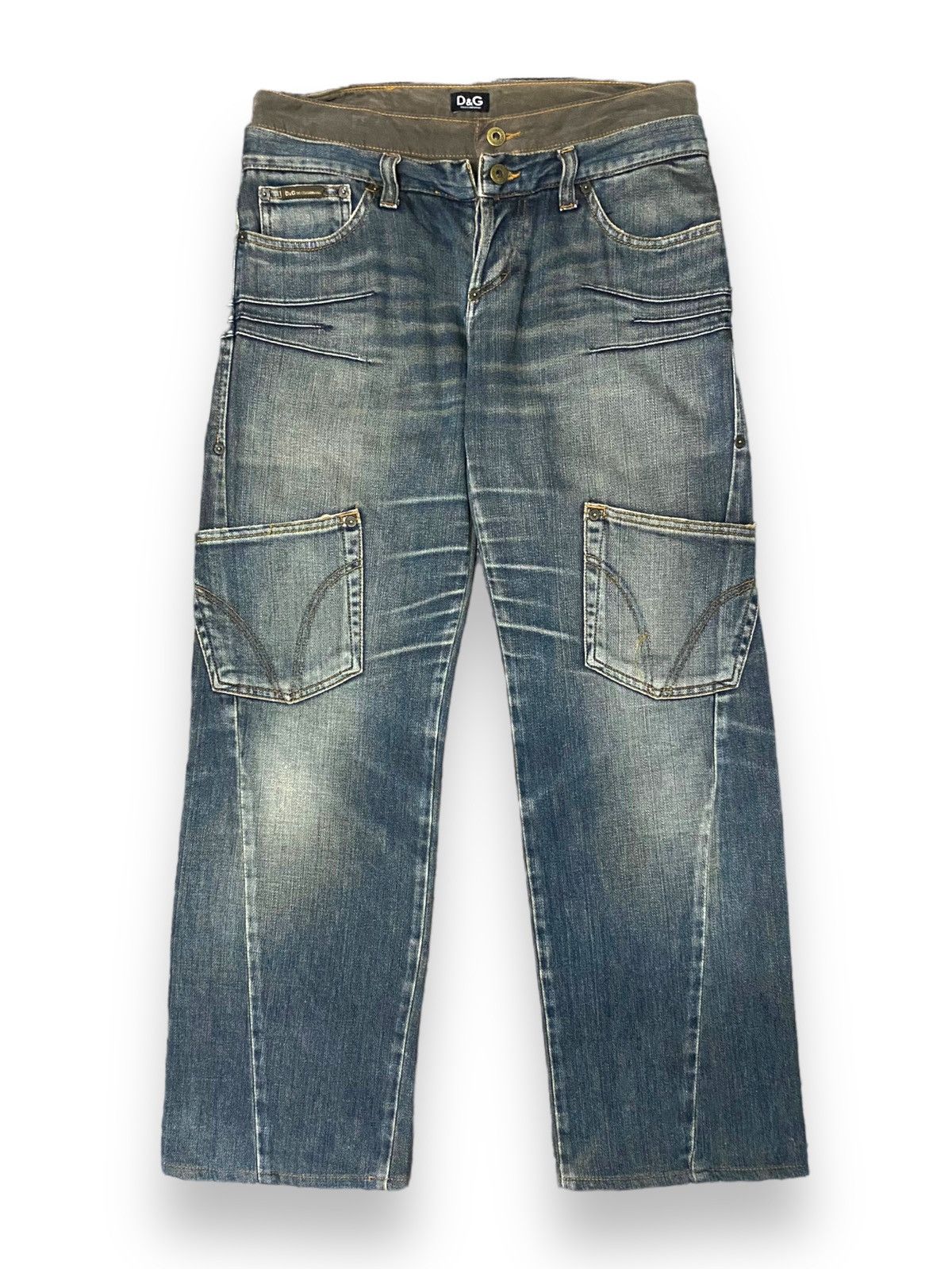 image of Dolce Gabbana Dolce Aw03 Double Waist Asymmetrical Cargo Pocket Denim in Blue Washed (Size 30)