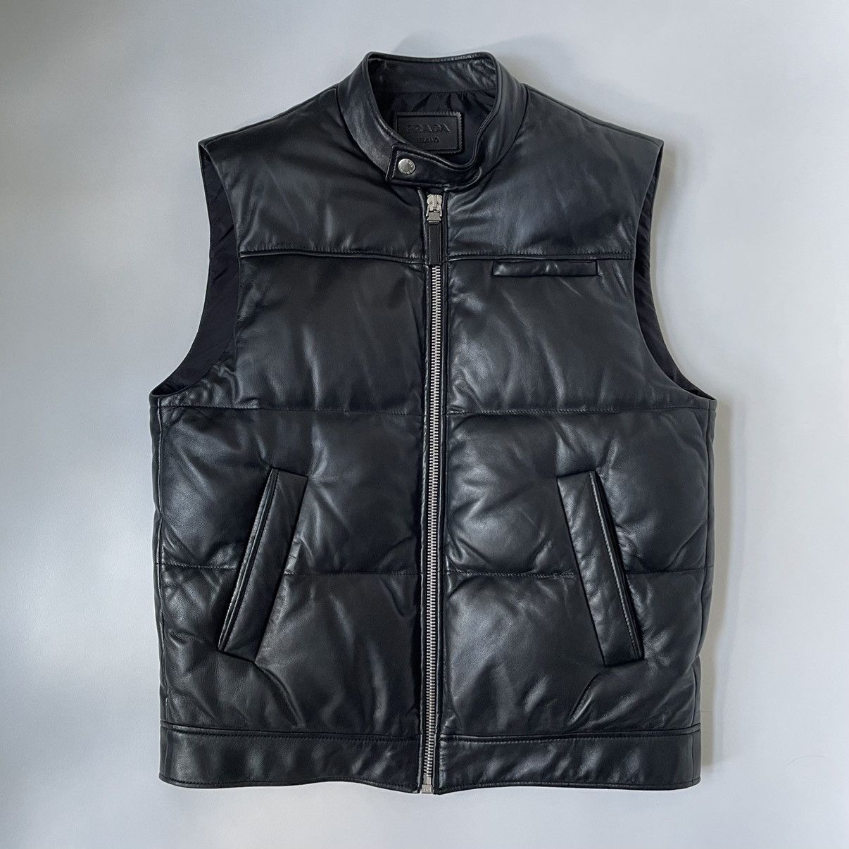 image of Prada Black Leather Down Vest, Men's (Size Small)