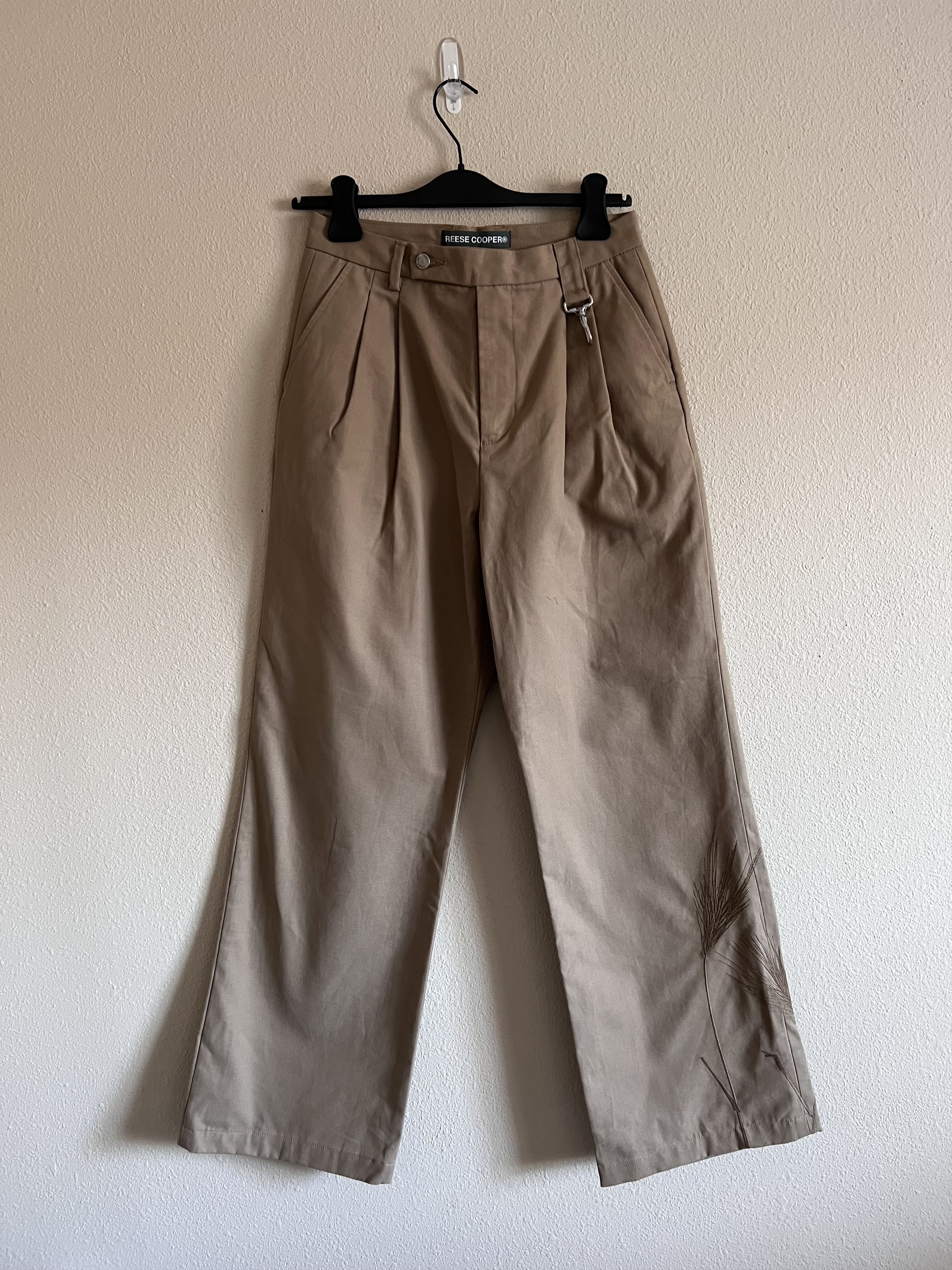 image of Reese Cooper Oat Grass Embroidered Pleated Pants in Khaki, Men's (Size 30)