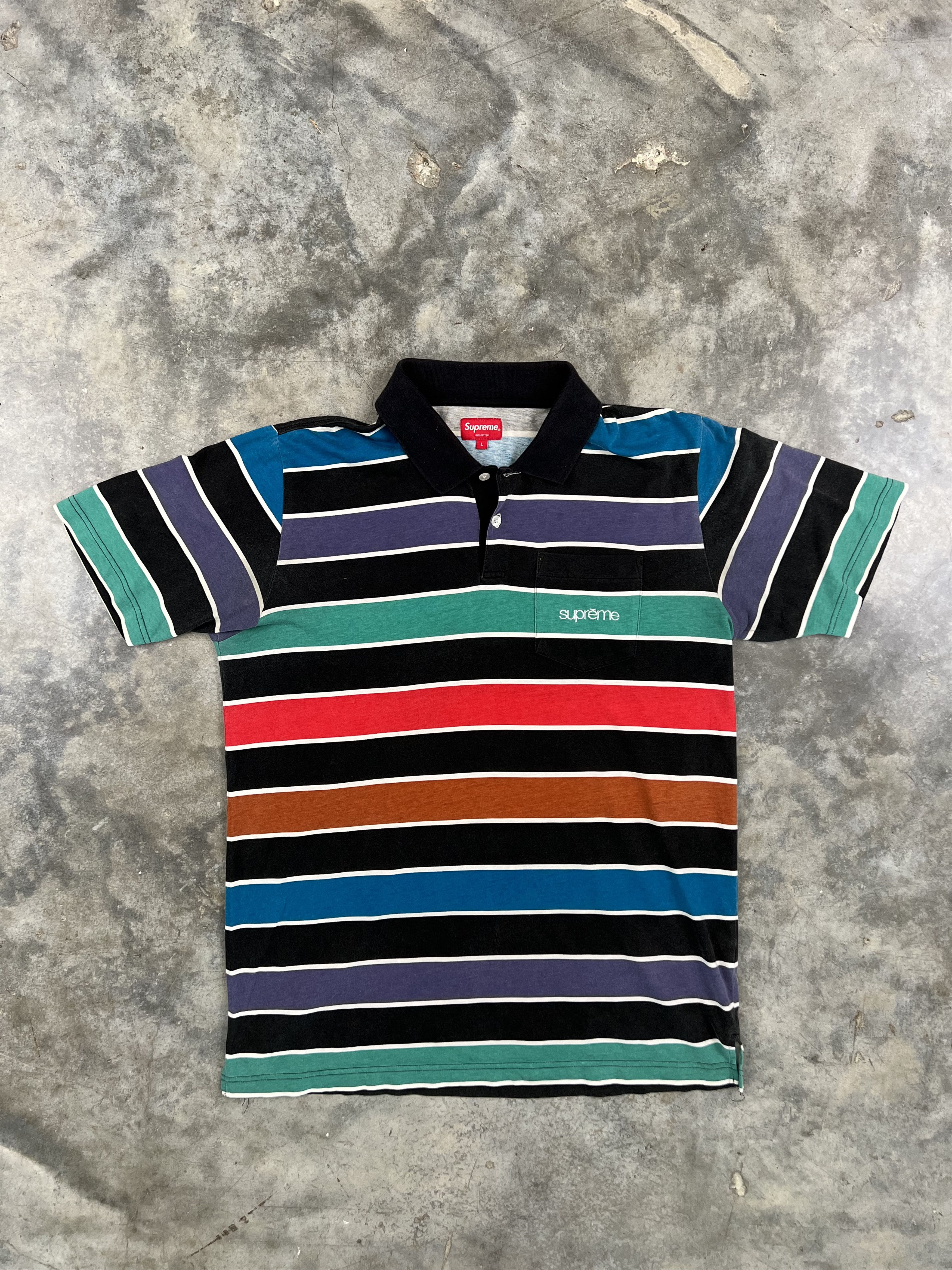 image of Supreme Horizontal Striped Chest Logo Polo Large in Black, Men's