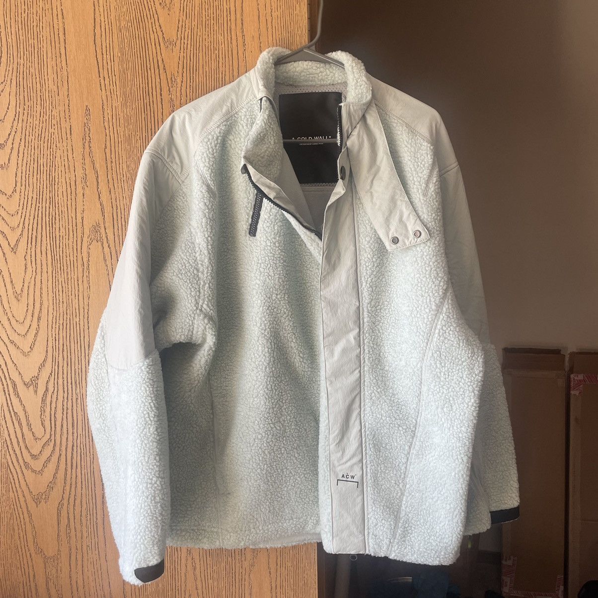 image of A Cold Wall x Avant Garde Asymmetric Paneled Sherpa Pile Fleece Bias Coat Jacket in Pale Green (Siz