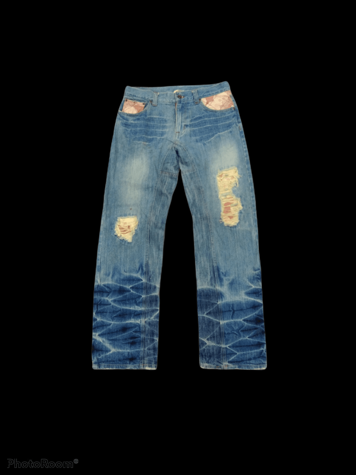 Image of Distressed Denim Japanese Distressed Patchwork Denim Jeans in Blue Distressed, Men's (Size 33)