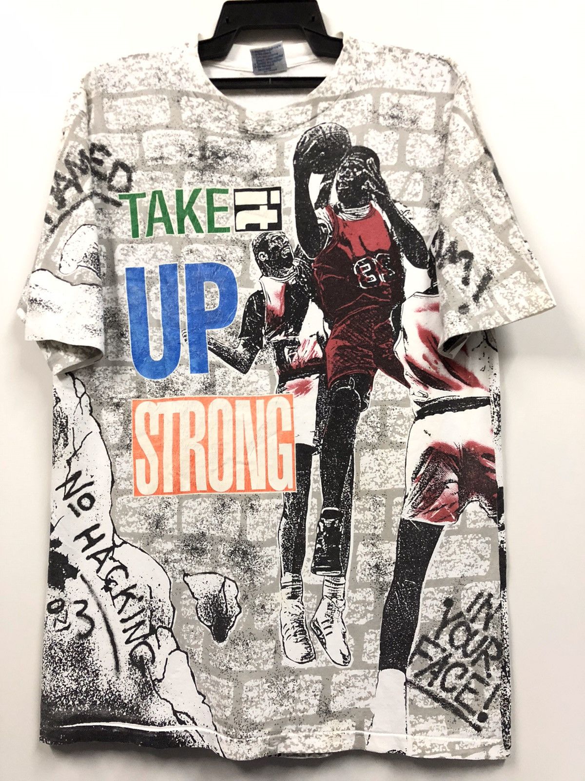 NBA × Rap Tees × Vintage Vintage 90s Basketball Take It Up Strong Fullprint t shirt Size US L / EU 52-54 / 3 - 1 Thumbnail