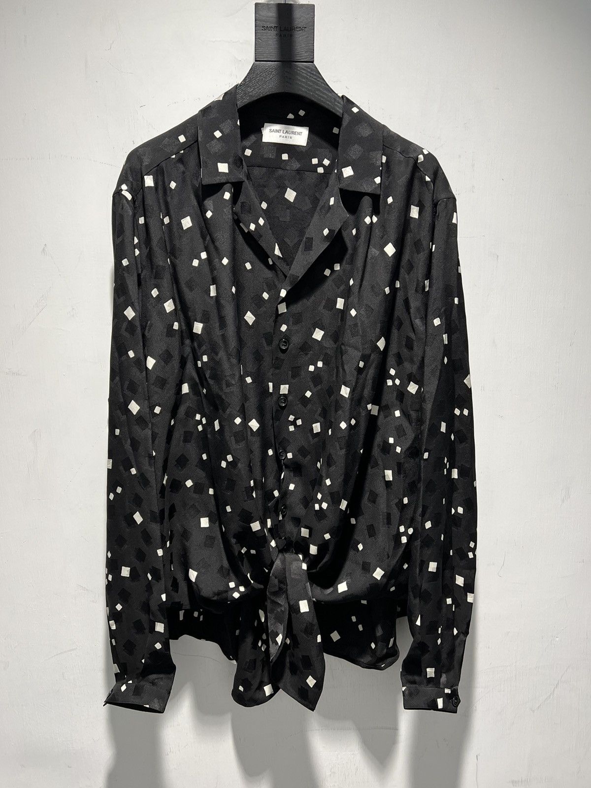 Saint Laurent Paris SS20 Tie-Up Shiny and Matte Square Print Silk Shirt Sz39/40 Size US L / EU 52-54 / 3 - 2 Thumbnail