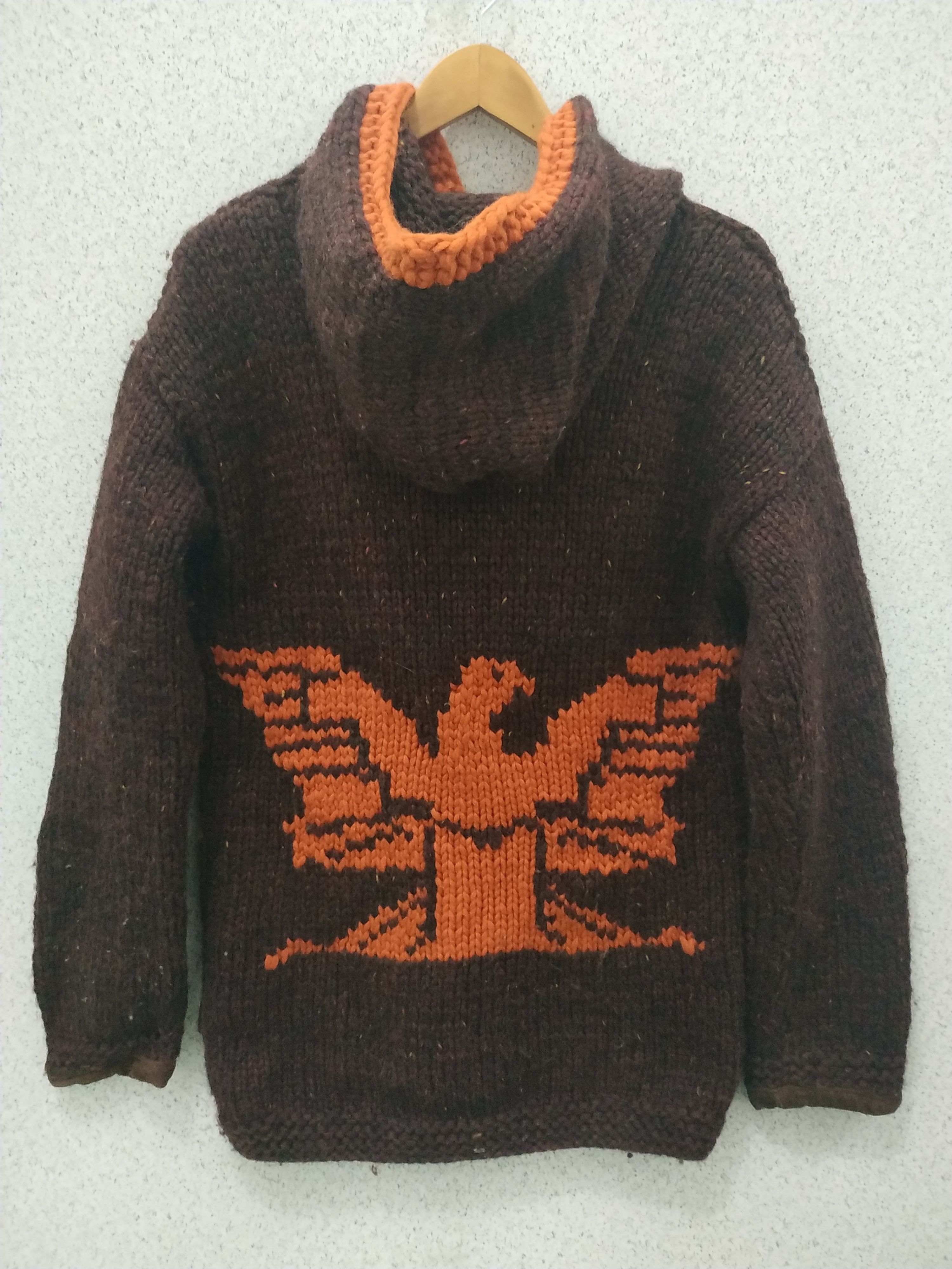 image of Vintage Canadian Sweater Handknit Hooded Wool Cardigan in Brown, Men's (Size Medium)