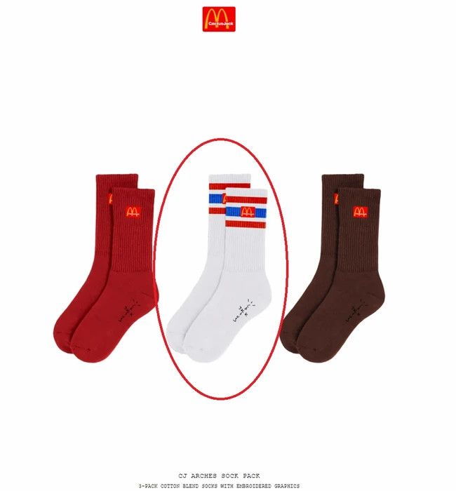 Travis Scott Travis Scott McDonalds CJ Arches Sock WHITE Pair Crew Size ONE SIZE - 2 Thumbnail