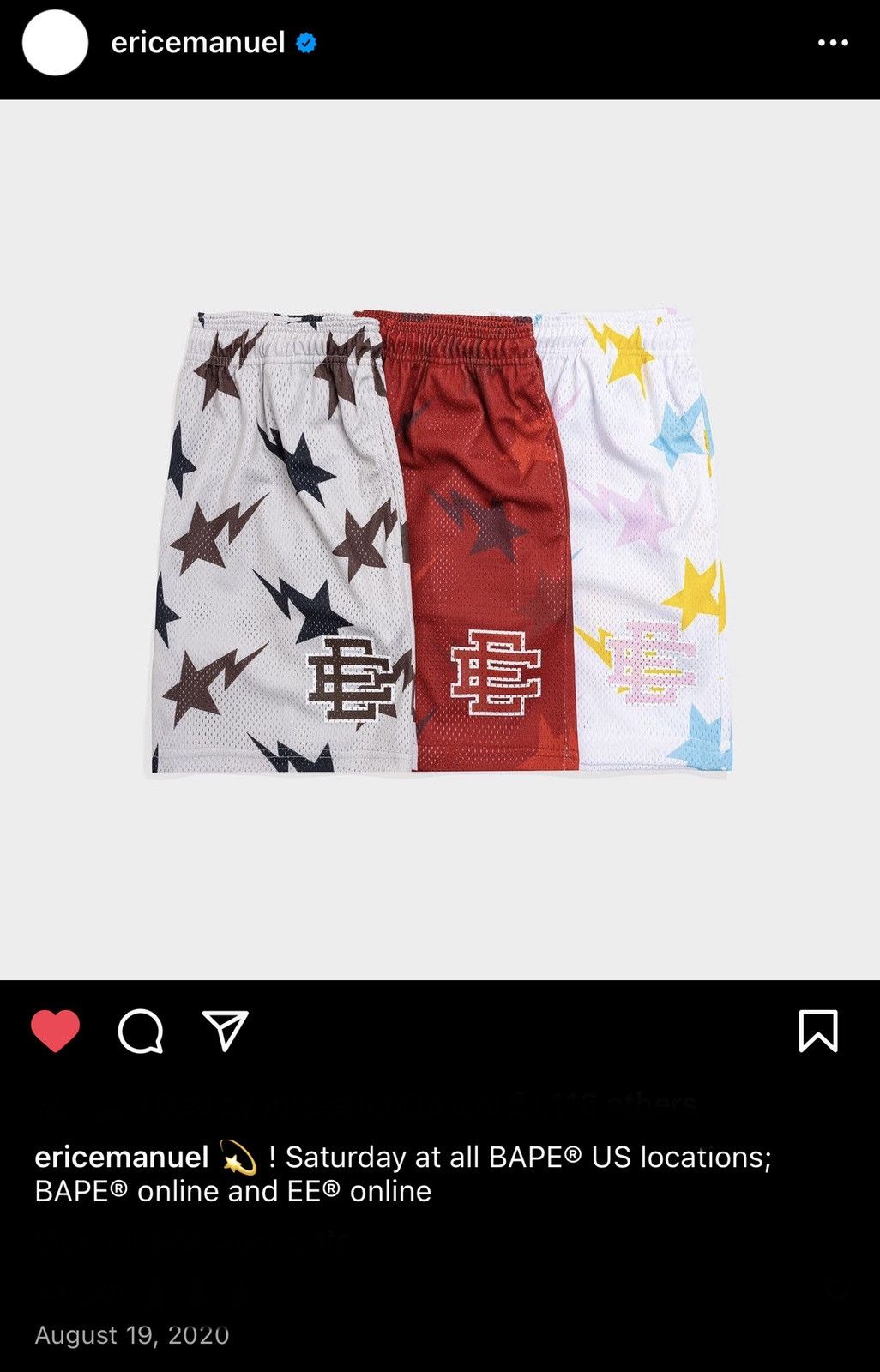 Bape × Eric Emanuel NEW Eric Emanuel x Bape Basic Shorts Large Size US 34 / EU 50 - 14 Thumbnail