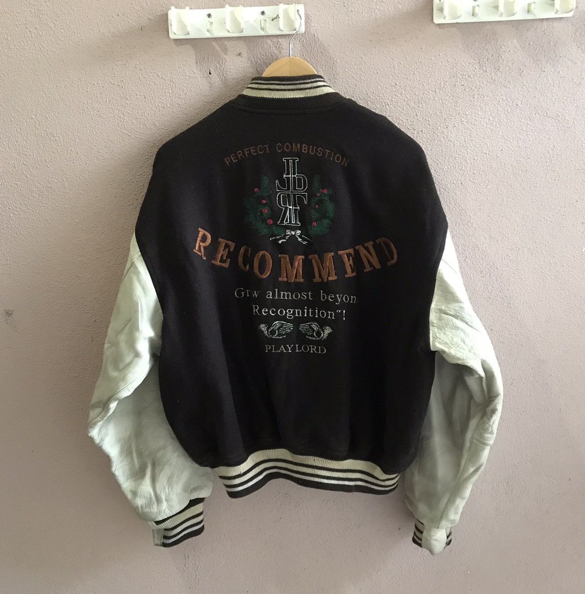 image of Varsity Jacket x Vintage Varsity Playlord Leather Wool Jacket Stadium Jacket in Black (Size Large)
