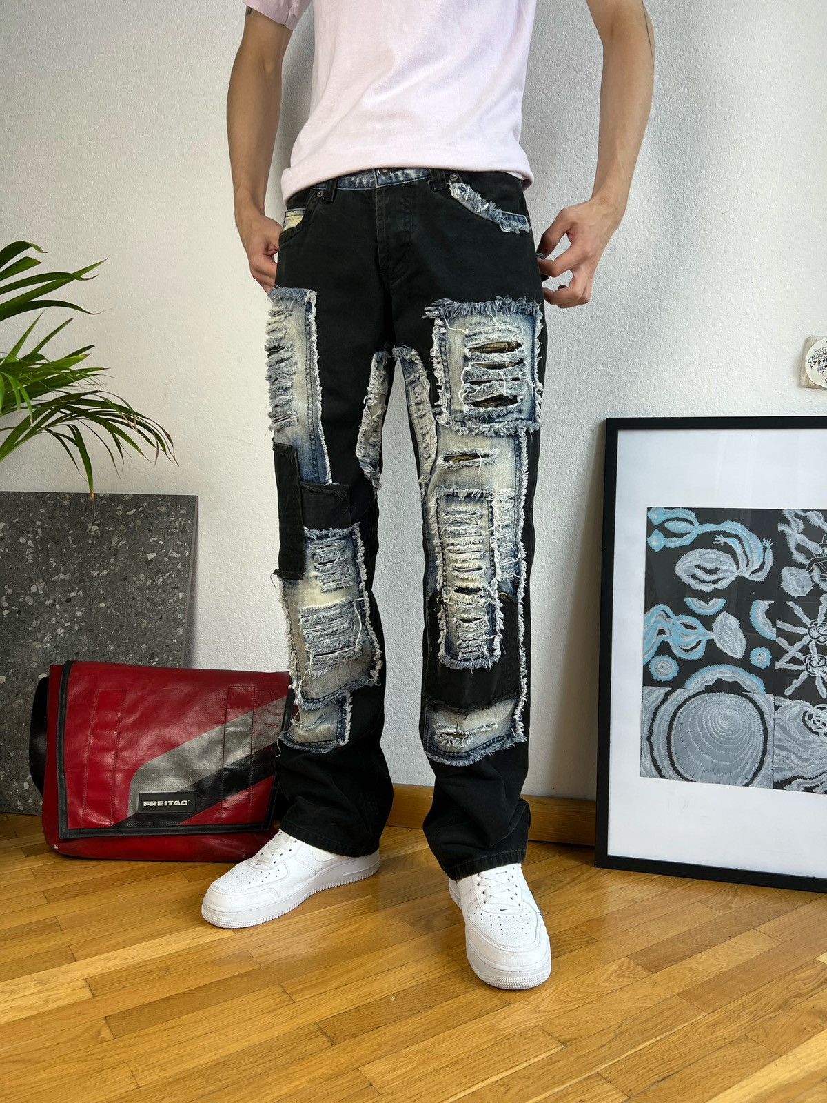 Japanese Brand × Vintage Distressed patches Denim Jeans Kurt cobain style grunge Size US 30 / EU 46 - 6 Thumbnail