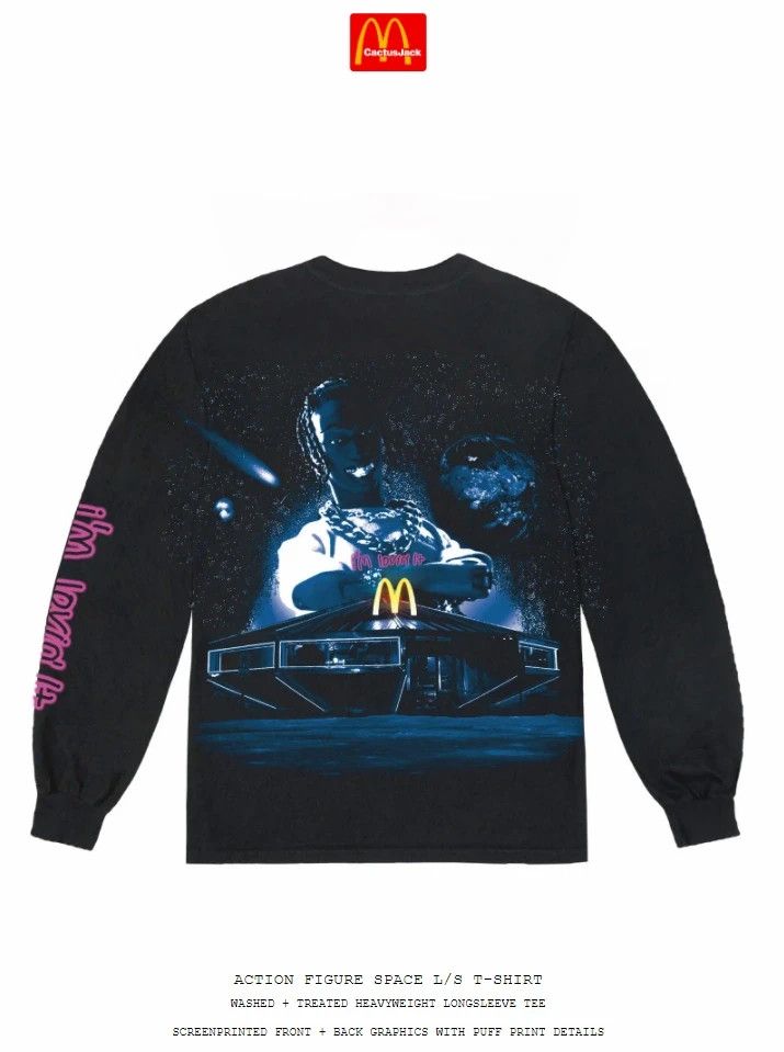 image of Travis Scott Cactus Jack Mcdonalds Action Figure Space Shirt Tee Black, Men's (Size Small)