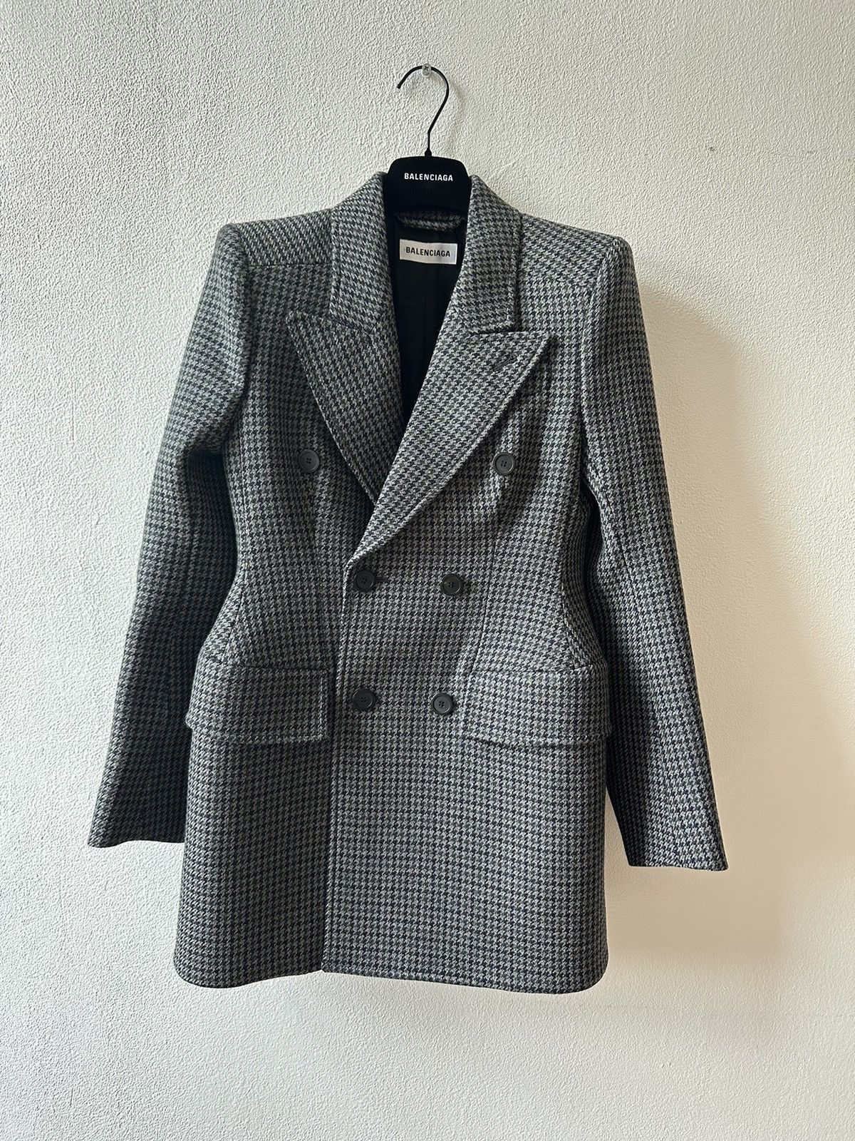 Balenciaga Hourglass Gray Wool Houndstooth Blazer