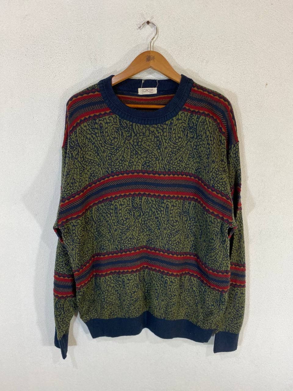 image of Avant Garde x Coloured Cable Knit Sweater Vintage s Knitwear Paisley Design (Size Large)