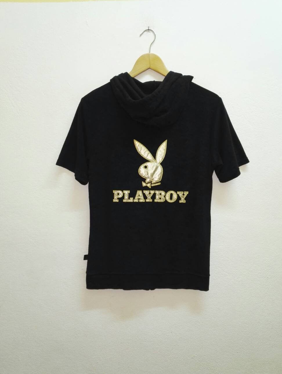 image of Playboy Embroidered Big Logo Fleece Hoodie Short Sleeve in Black, Men's (Size Medium)
