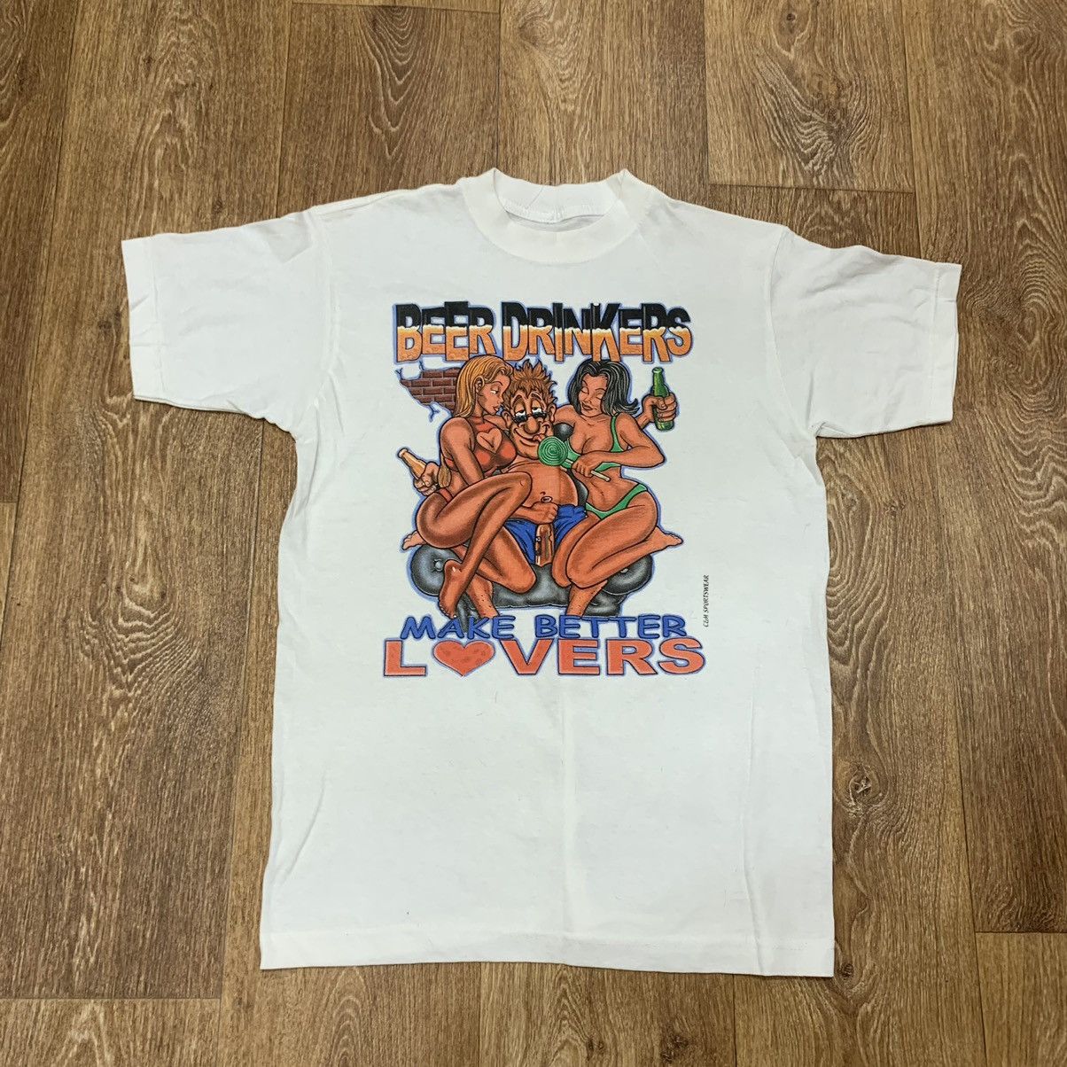 image of 90's Art Adult Humor Beer Tee Streetwear in White, Men's (Size Medium)