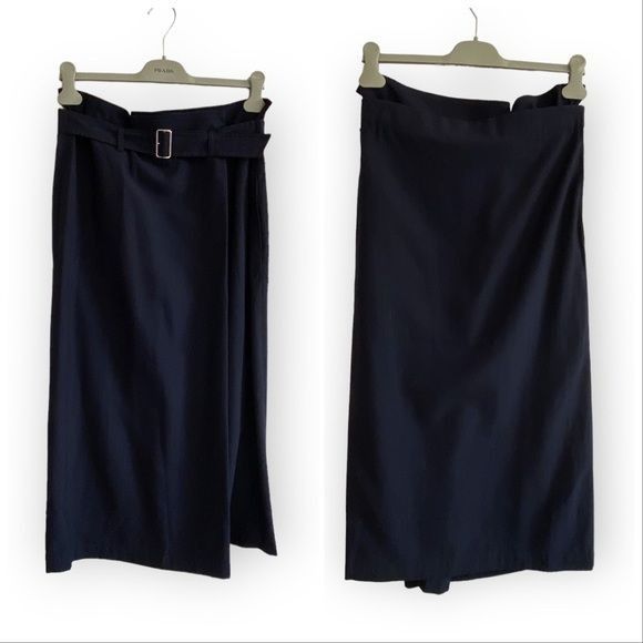 image of Archival Clothing x Comme Des Garcons Vintage Comme Des Garcons Tricot Navy Wool Belted Midi Skirt 