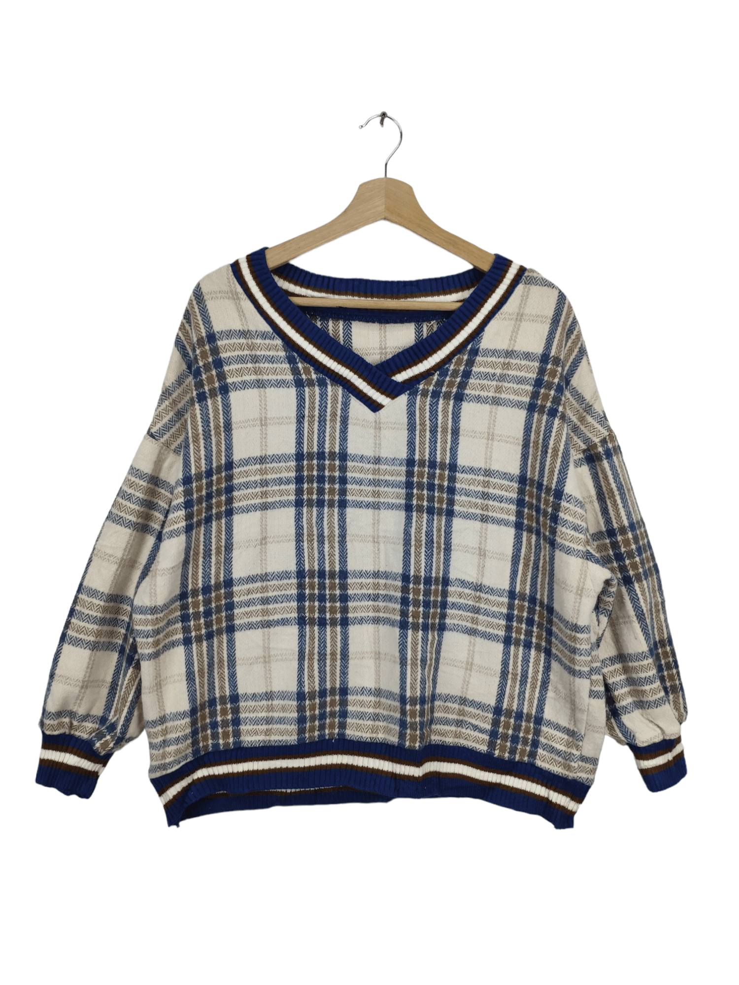 Aran Isles Knitwear × Japanese Brand × Vintage Vintage Knit Sweater Tartan Print V Neck Size US L / EU 52-54 / 3 - 1 Thumbnail