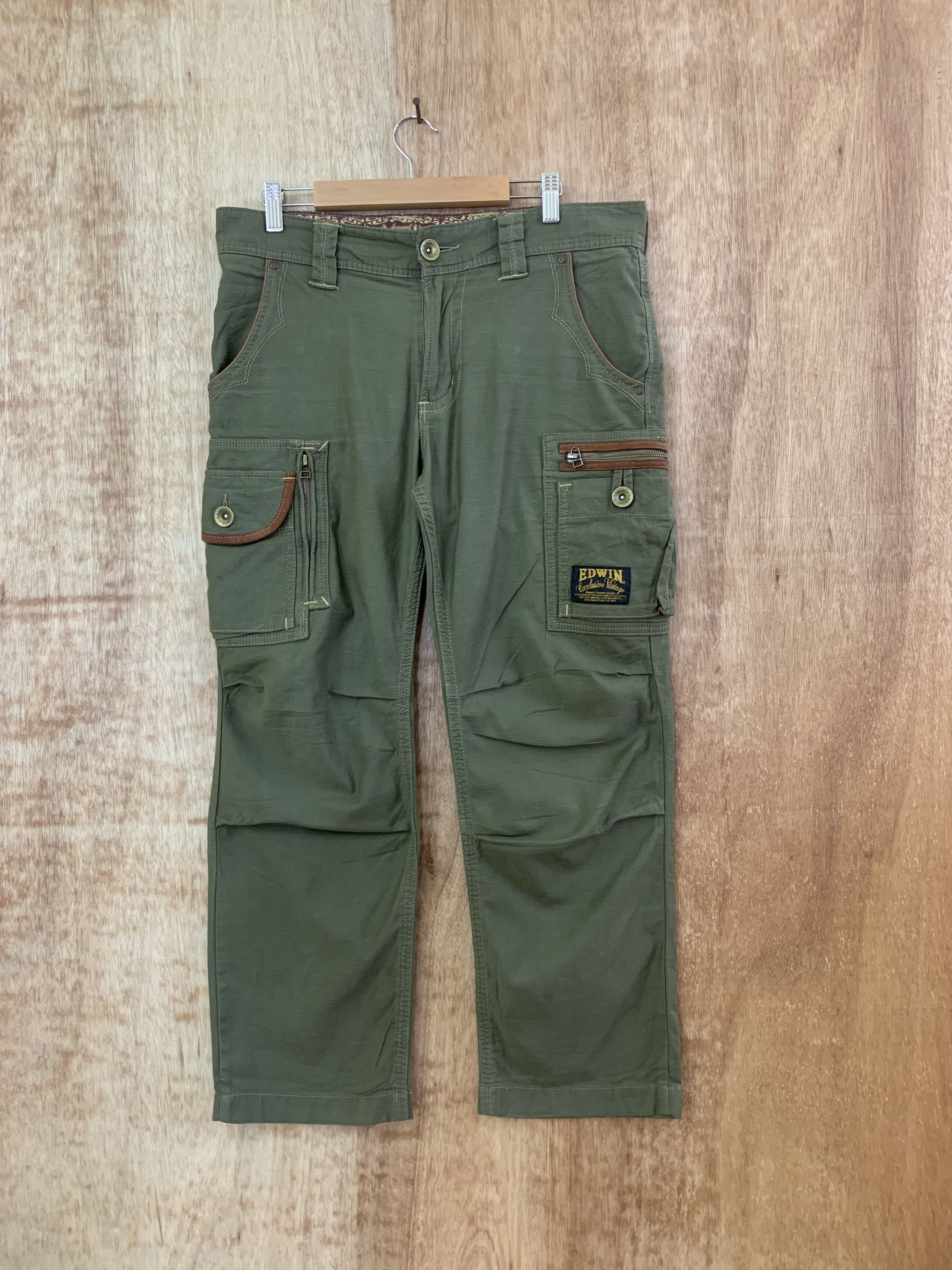 Image of Edwin Vintage Cargo Pants Multipocket Streetwear in Dark Green, Men's (Size 33)