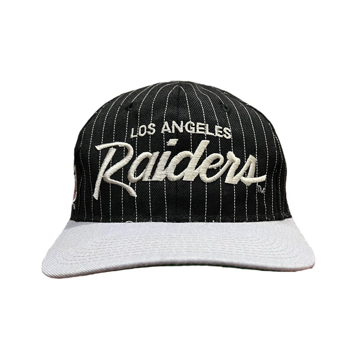 image of Oakland Raiders x Sports Specialties Raiders Sports Specialties Pinstripe Snapback in Black, Men's