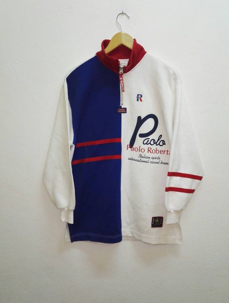 image of Italian Designers Paolo Roberta Italy Sweatshirt Embroidered Logo (Ss43) in Blue White Red (Size Me