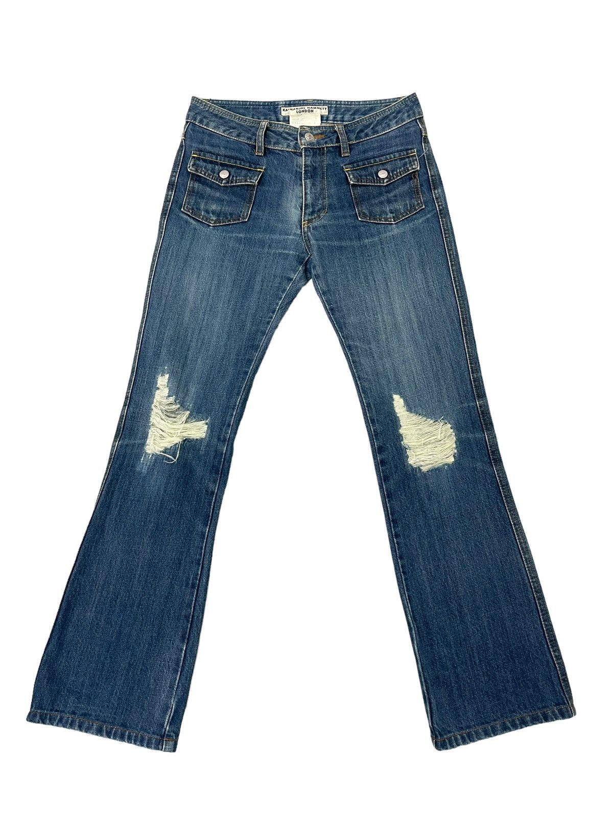 Japanese Brand Flare Jeans Katharine Hamnett Distress Denim Low Rise 3🟦5 Size US 29 - 2 Thumbnail
