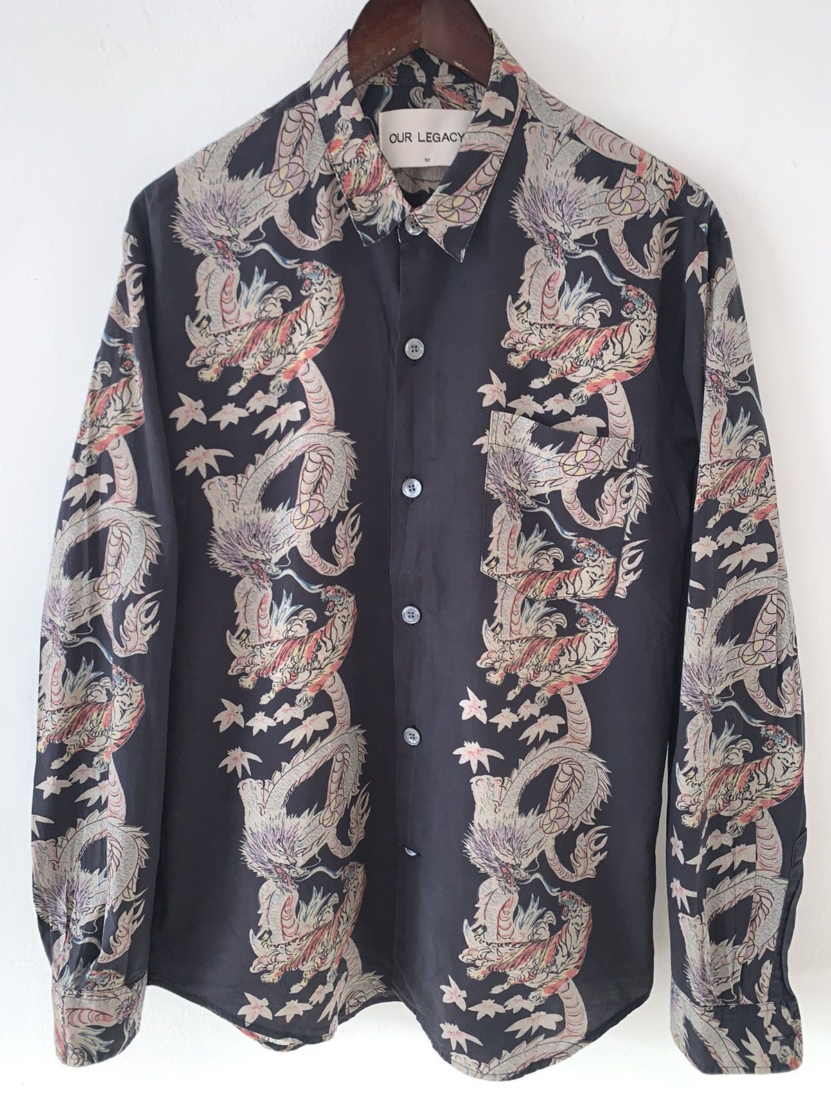 image of Our Legacy Dragon-Print Shirt in Navy, Men's (Size Medium)