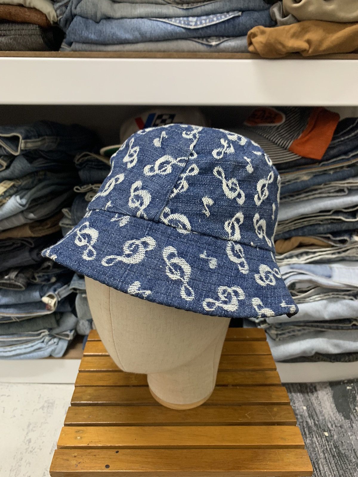 Japanese Brand Musical Note Embroidery Denim Bucket Hat