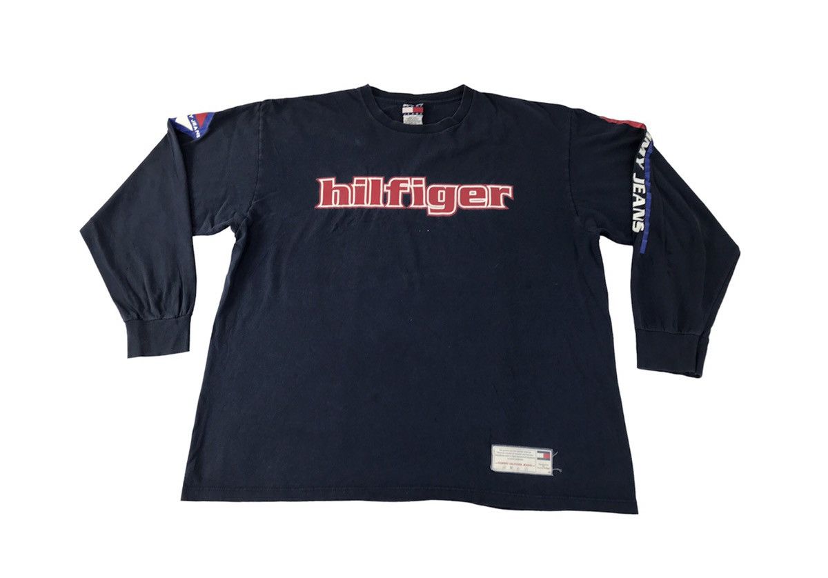 image of Hype x Tommy Hilfiger Jeans Side Tape Big Logo Longsleeve Tee in Blueblack, Men's (Size 2XL)