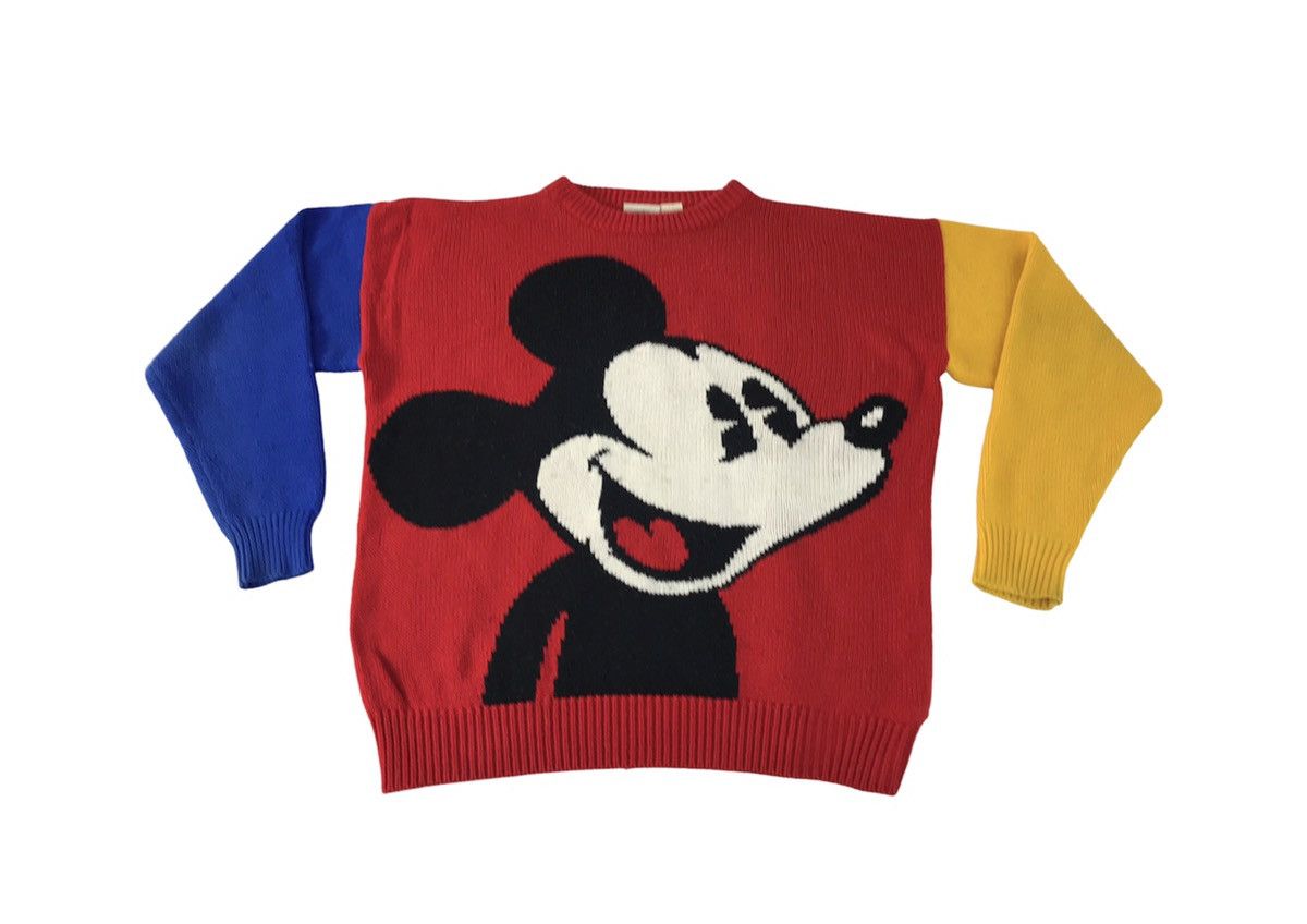 image of Coloured Cable Knit Sweater x Disney Mickey Mouse Colour Block Big Character Knit Wear in Blue (Siz