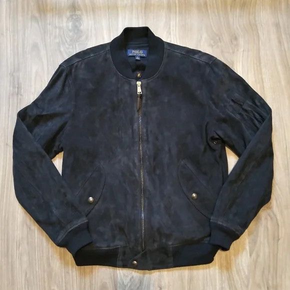 image of Polo Ralph Lauren x Rrl Ralph Lauren $898 Bnwot Navy Blue Suede Aviator Bomber Jacket (Size Medium)
