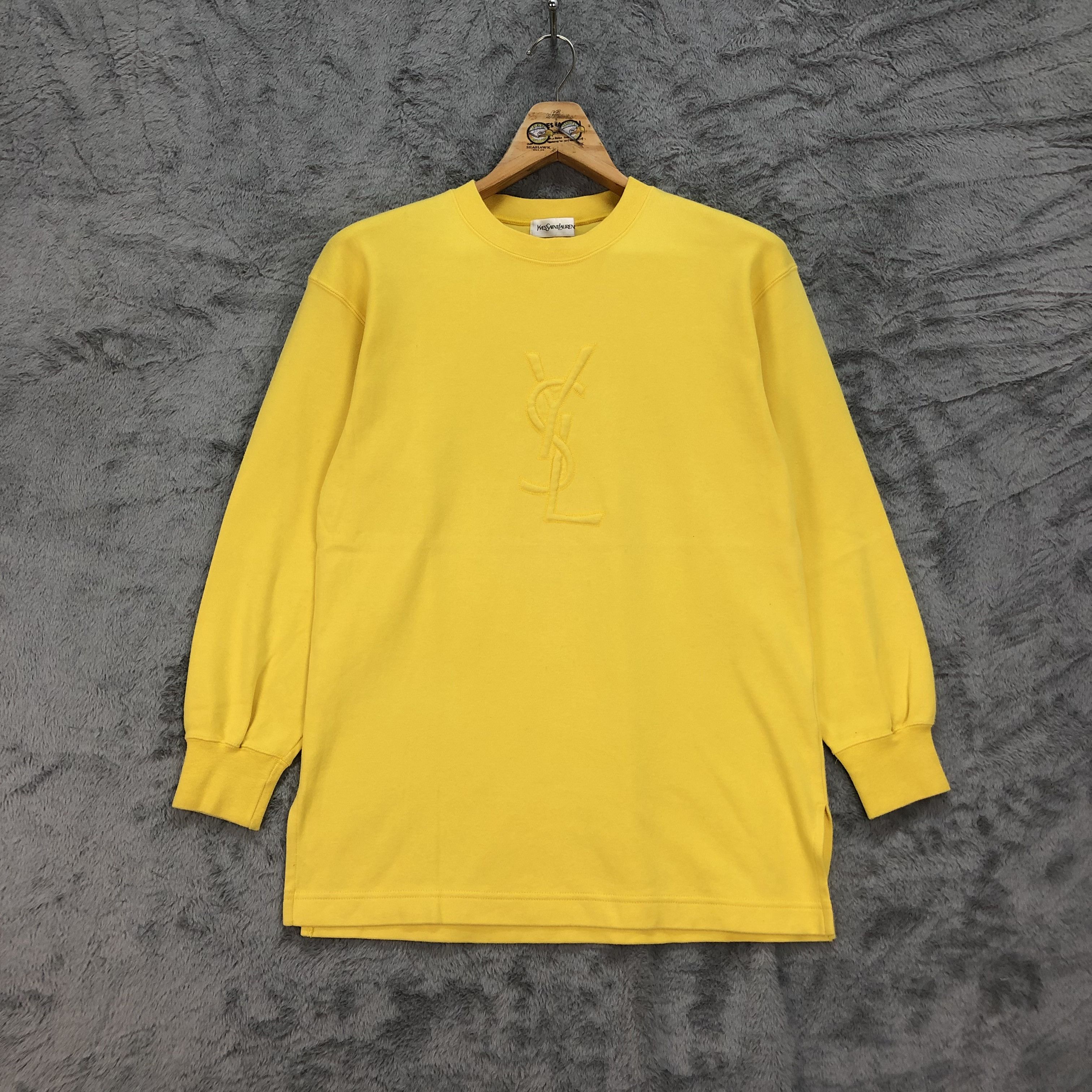 Yves Saint Laurent YSL Embroidery Big Logo All Yellow Sweater #4435-153 Size US M / EU 48-50 / 2 - 1 Thumbnail