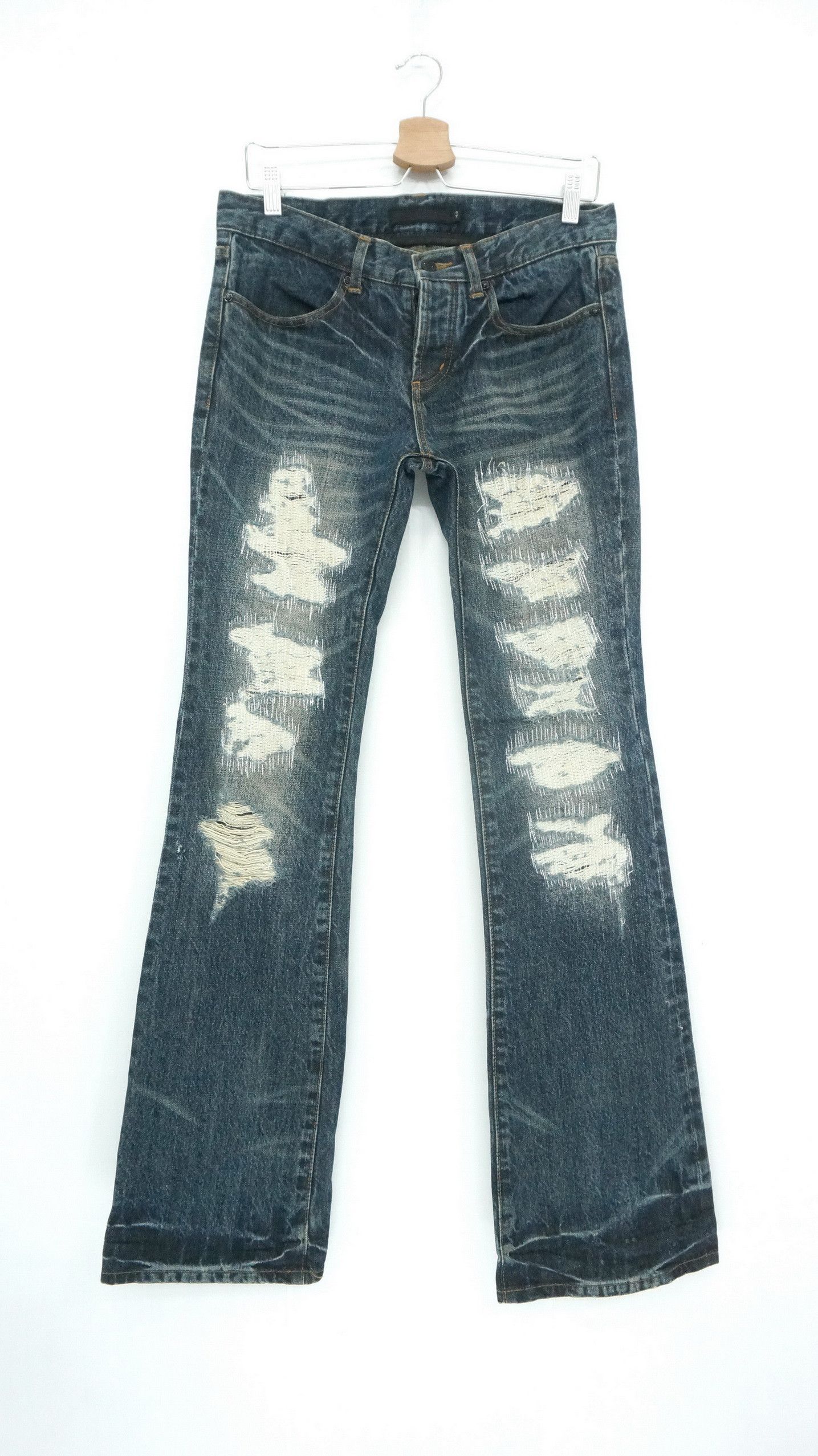 image of Archival Clothing x Gostar De Fuga Fire! Fuga Vintage Distressed Flared Jeans in Blue Denim (Size 3