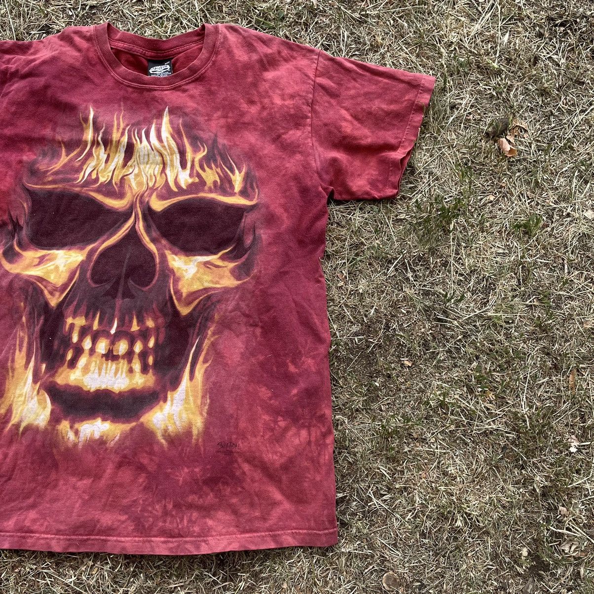 Vintage Vintage 90s Skull Fire Graphic Tee Grunge Thrashed Baggy M Size US M / EU 48-50 / 2 - 3 Thumbnail